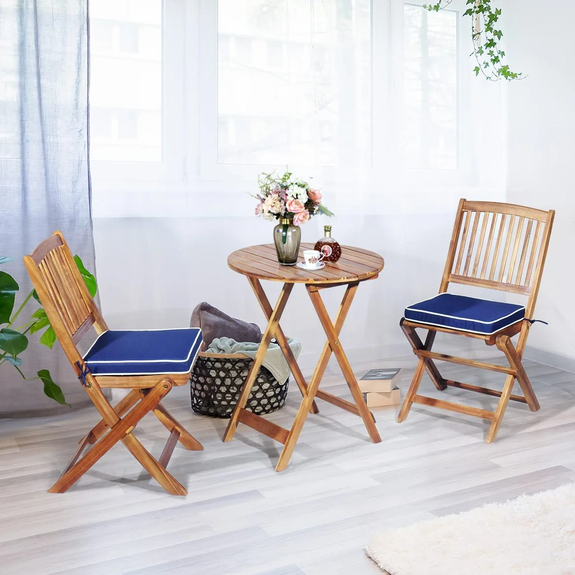 COSTWAY Juego de Mesa y 2 Sillas para Jardín Mueble de Madera Mesa Redonda Plegable Azul