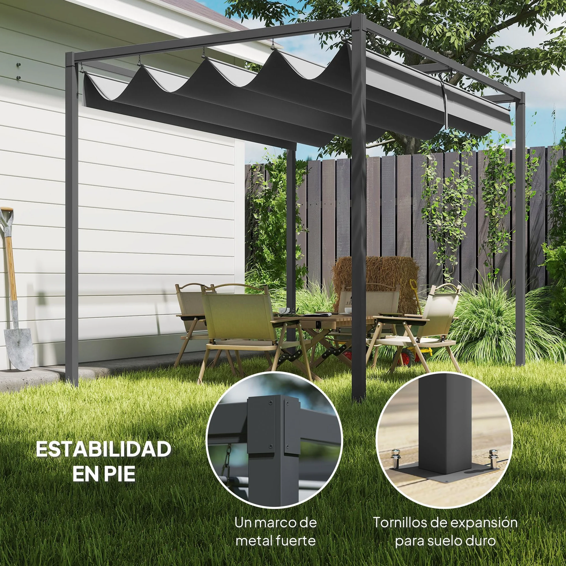 Outsunny Pérgola 3x2 m Cenador de Jardín Pabellón de Diseño Elegante con Techo Retráctil de Poliéster con Recubrimiento Resistente Anti-UV Impermeable para Celebraciones Fiestas Bodas Gris