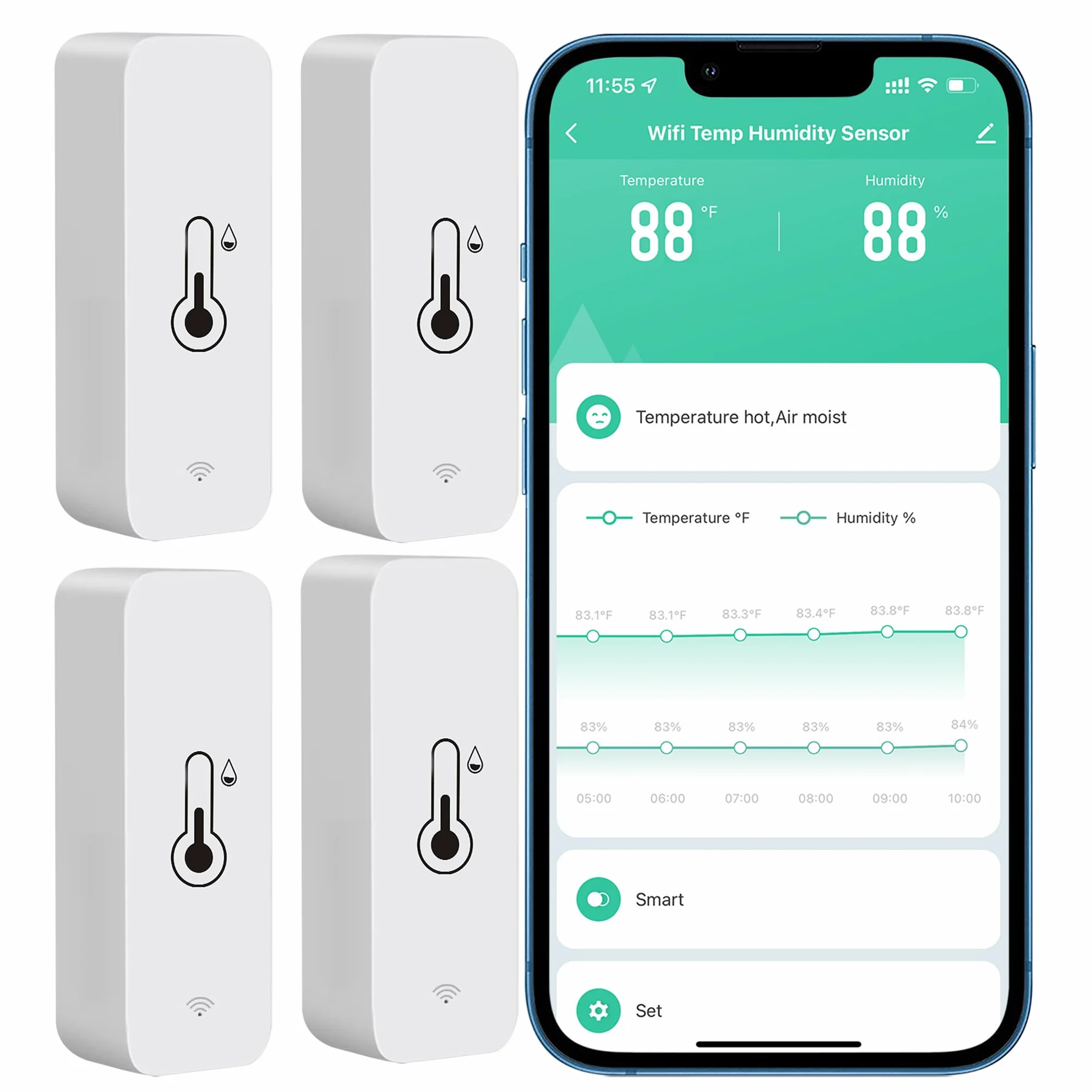 Termómetro higrómetro inalámbrico, sensor de temperatura inteligente y monitor de humedad con aplicación remota, alarma de notificación, para casa, invernadero (4 unidades)