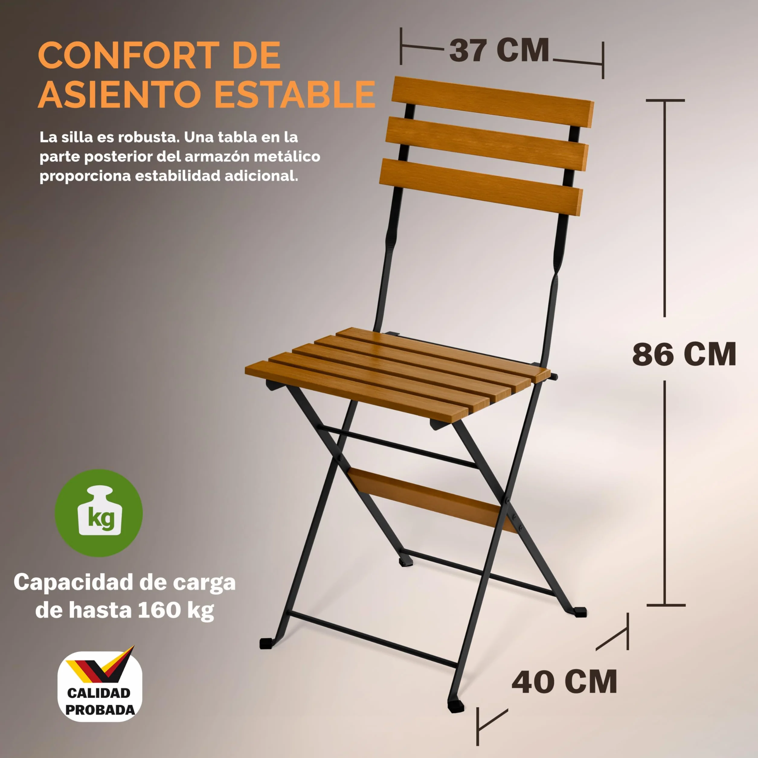 CASARIA® Set Muebles de Balcón 3 Pzs Mesa 2 Sillas Jardín Plegables Completo Metal Madera Acacia Certif FSC®