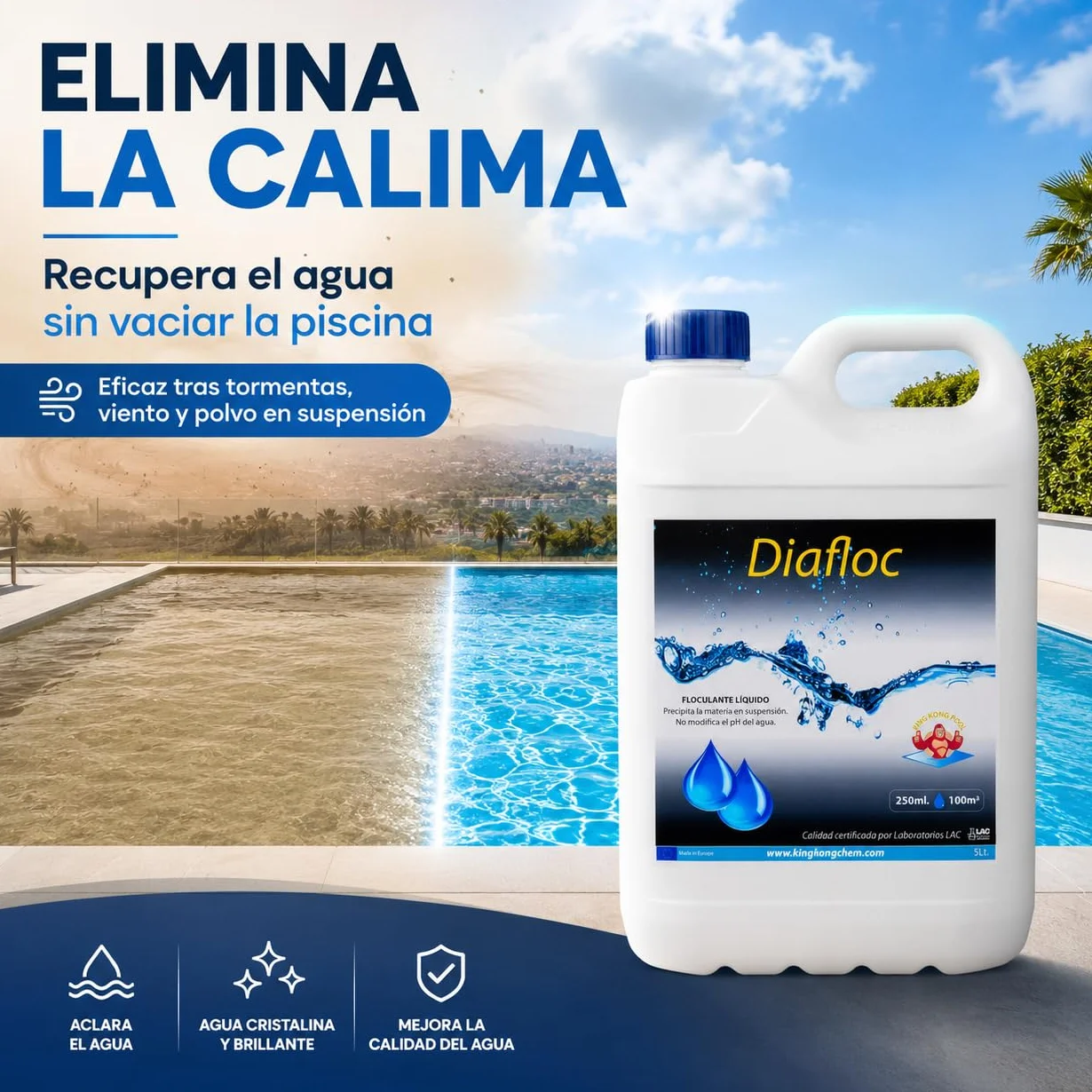 DIASA INDUSTRIAL Floculante líquido para Piscinas SUPERCONCENTRADO - DIAFLOC - clarifica el Agua turbia - 5 litros