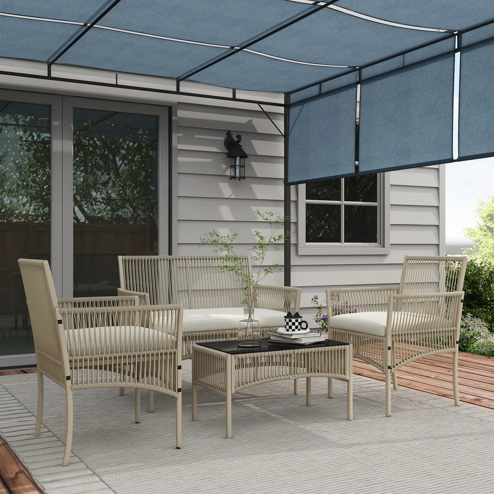 Outsunny Conjunto Jardín Exterior Ratán 4 Piezas Sofá 2 Plazas Sillones Cojines Mesa Tablero Vidrio Caqui