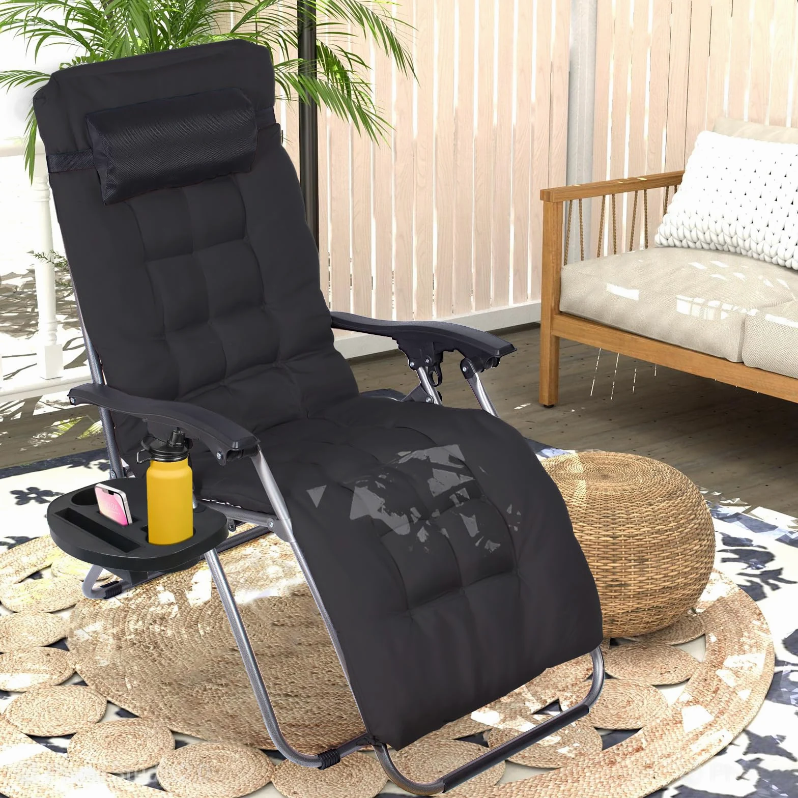 Todeco Tumbona Plegable Jardín, 2 en 1 Silla Gravedad Cero Reclinable | Cojín Extraíble, Portavasos Respaldo Ajustable, para Patio, Camping, Terraza y Piscina, Negro