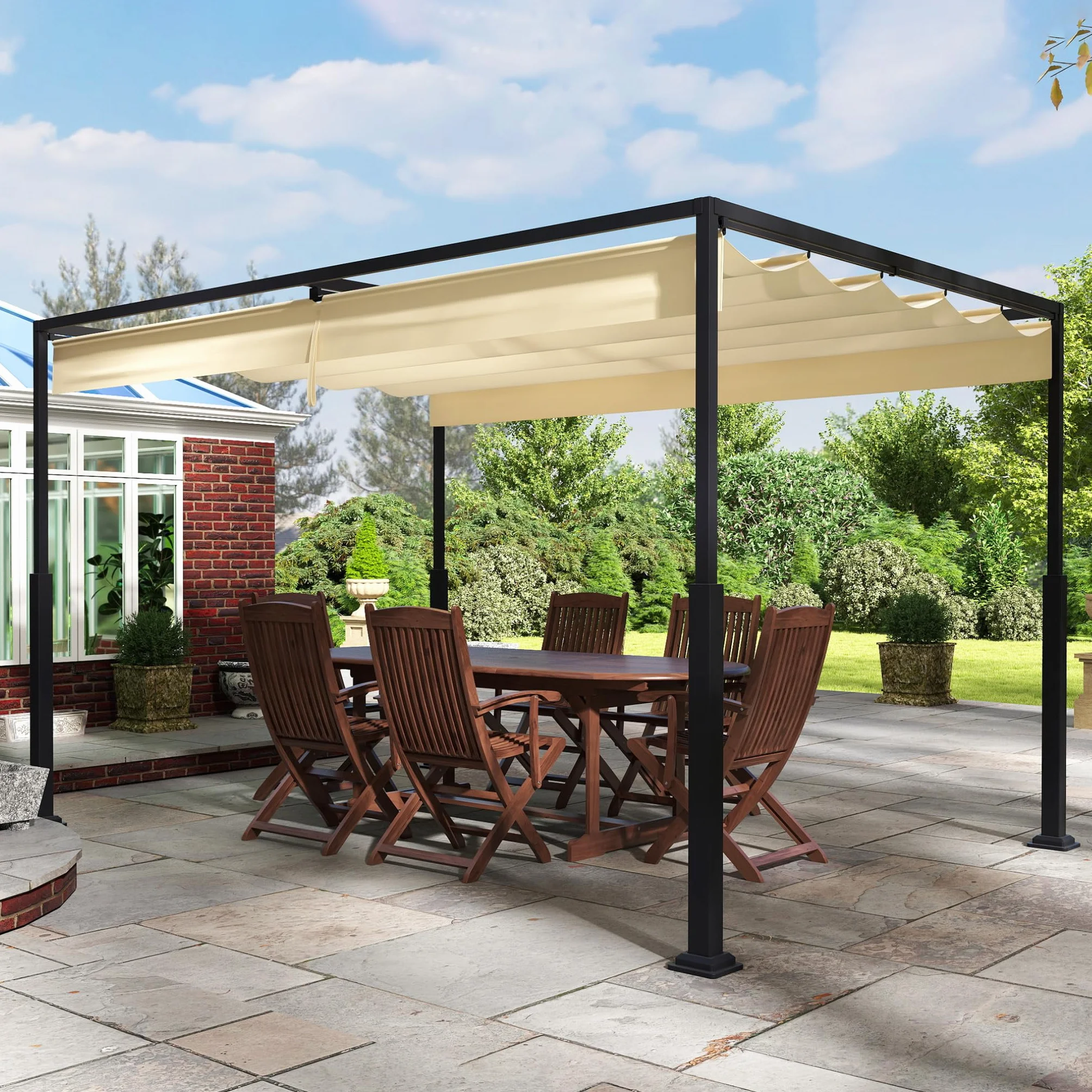 Pérgola para exteriores de 3 x 4 m, marco de metal estable, con protección solar y viento, techo solar, toldo retráctil para jardín, terraza y balcón (beige)