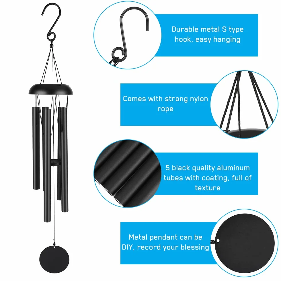 Victop Campanas de Viento 80cm 5 Tubos Aluminio Huecos Exterior Negro