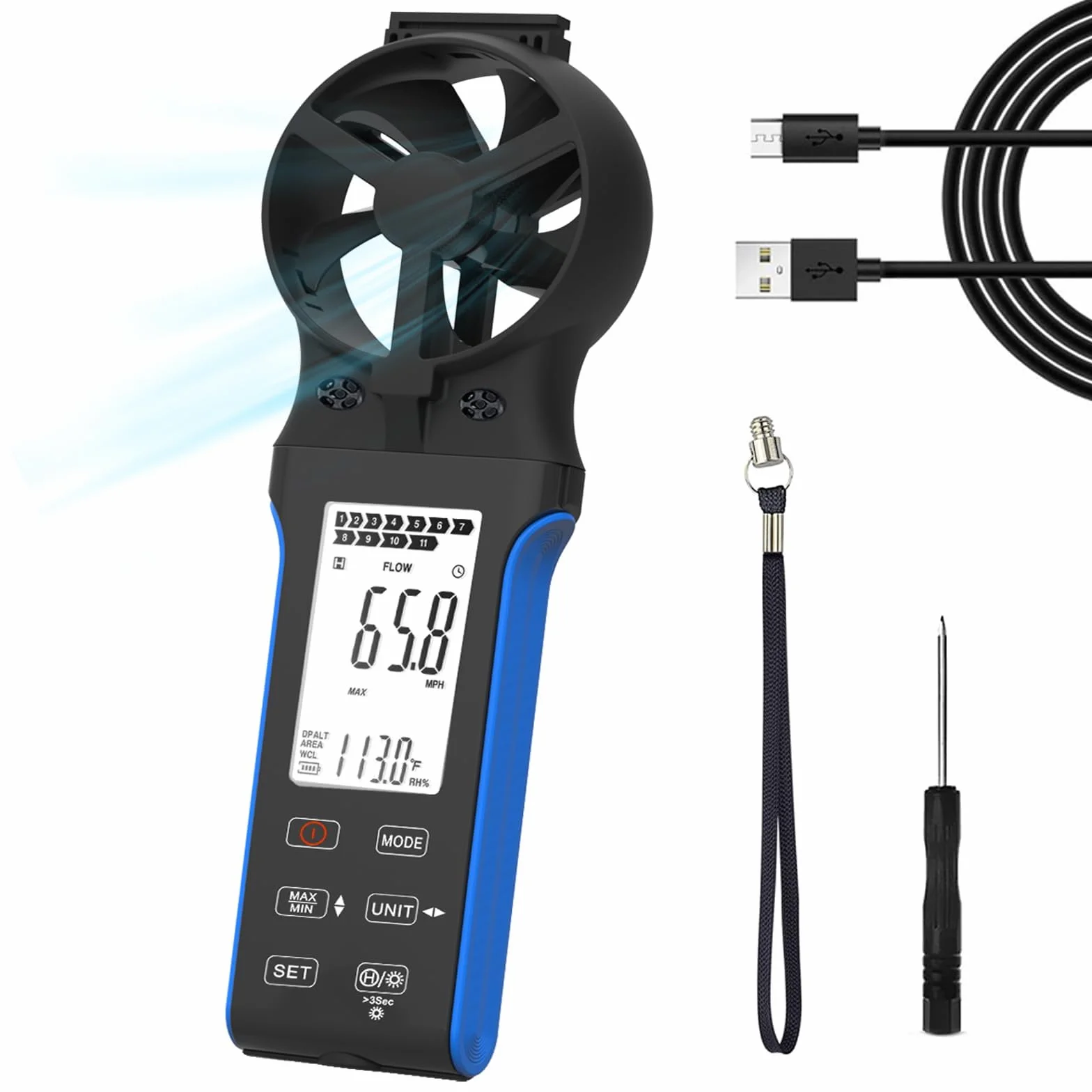 Anemómetro Digital de Mano CFM para HVAC Recargable Medición Velocidad Viento Flujo Aire Temperatura