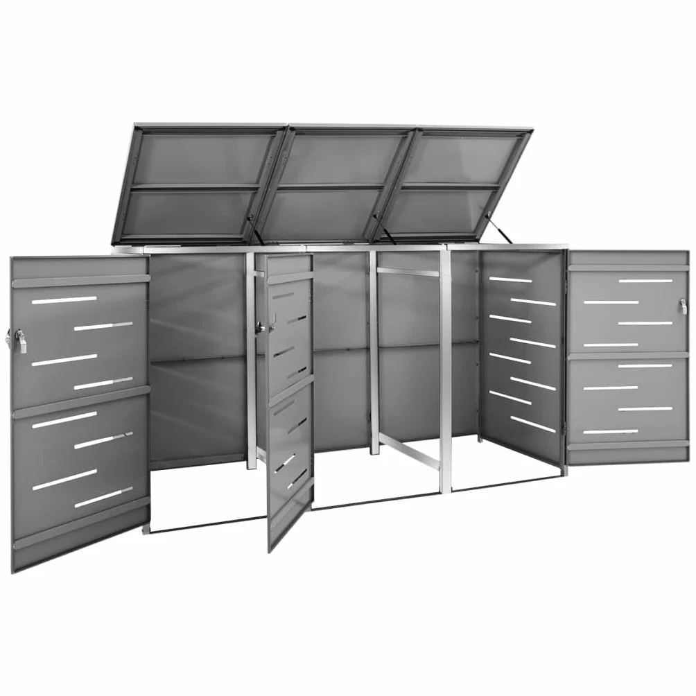 vidaXL Cobertizo para Tres Contenedores de Basura con Ruedas, Almacenamiento de Cubos de Basura, Acero