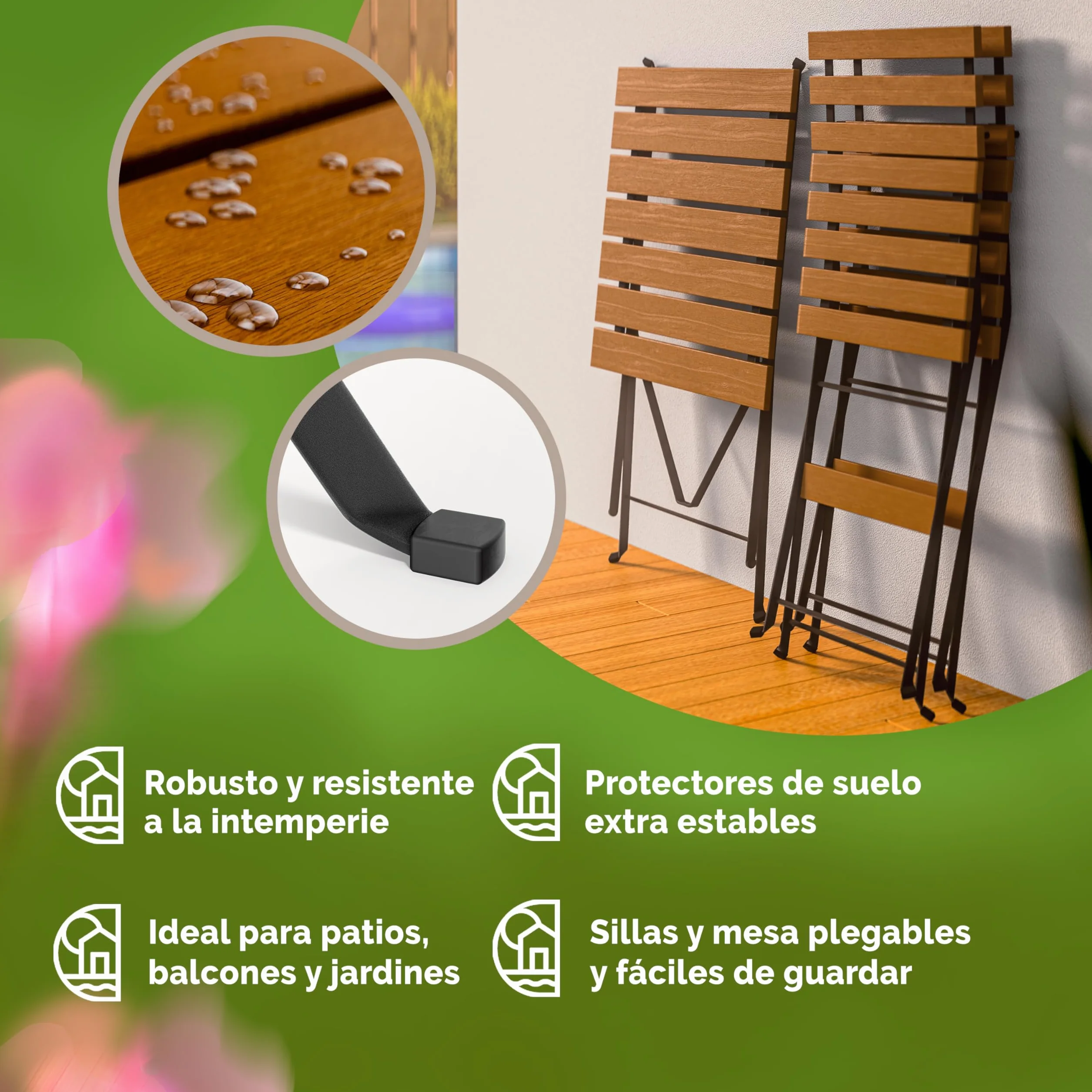 CASARIA® Set Muebles de Balcón 3 Pzs Mesa 2 Sillas Jardín Plegables Completo Metal Madera Acacia Certif FSC®