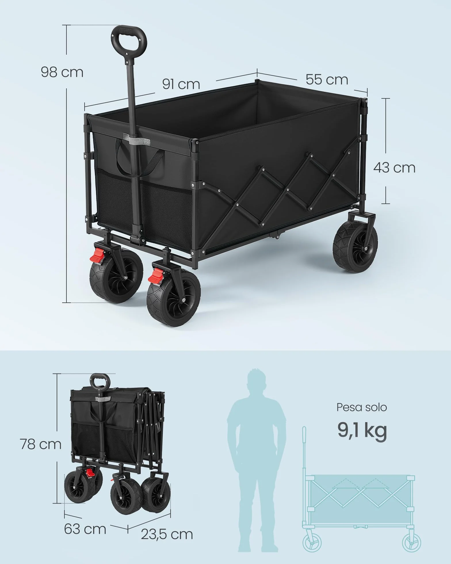 SONGMICS Carro Plegable de Jardín 180 kg 200 L 4 Ruedas Reforzadas Negro Tinta GFW201B101