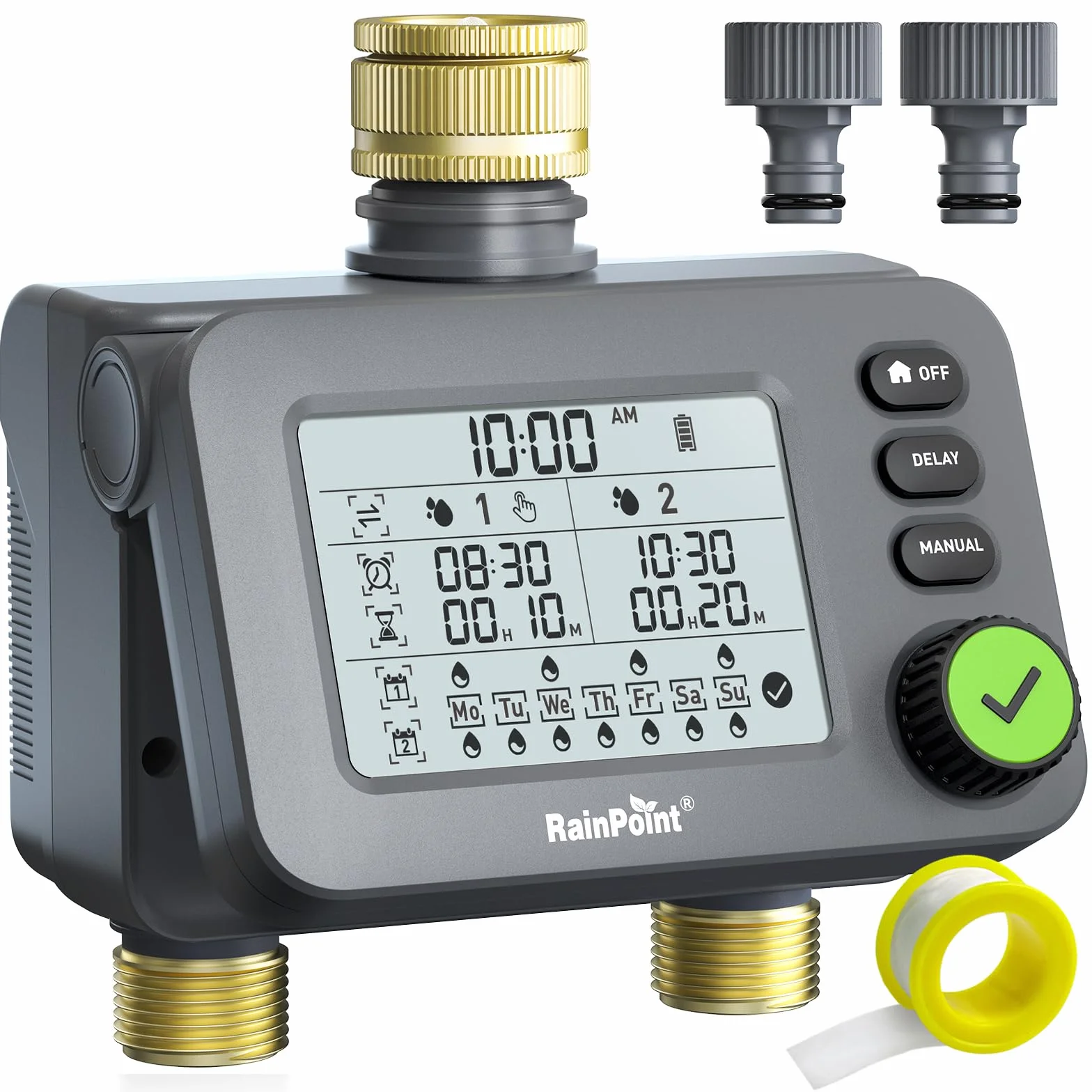 RAINPOINT Programador Riego 2 Salidas, Temporizador Automatico con Retardo de Lluvia, Pantalla LCD