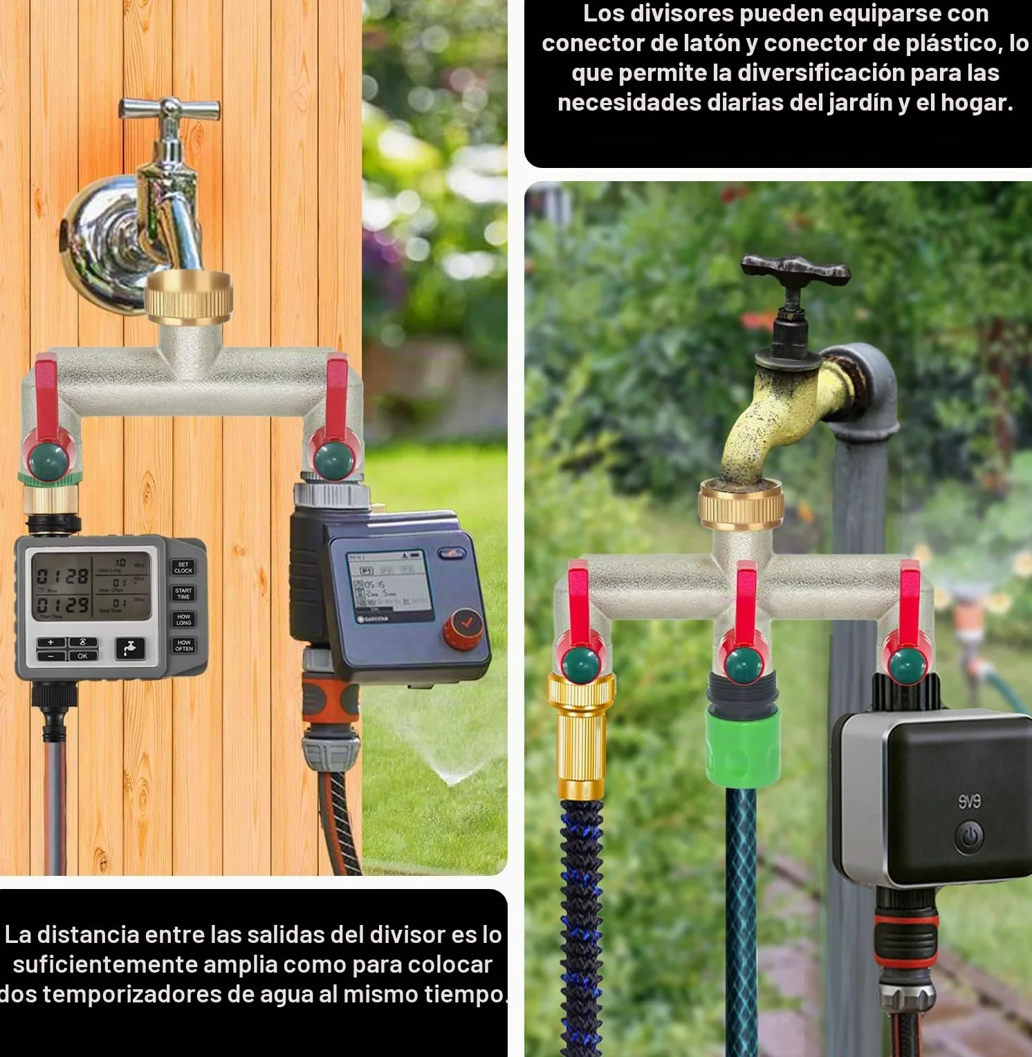 Divisor de Manguera de jardín de latón, Divisor de Grifo de 1/2 Pulgada y 3/4 Pulgada, Conector de Grifo de 3 vías con válvulas de Encendido/Apagado y Mango extendido, Adaptador de Grifo