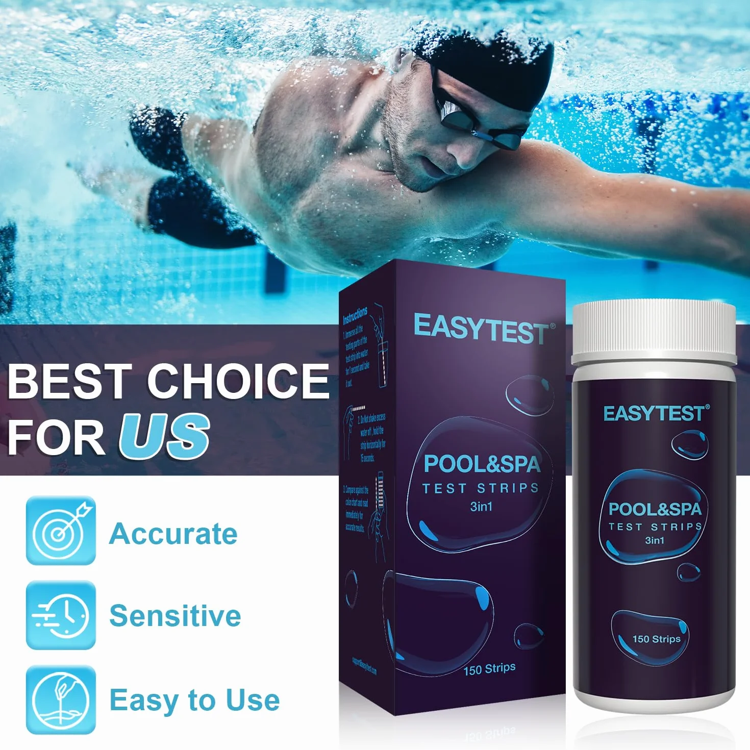 EASYTEST 150 Tiras de Prueba 3 en 1 para Piscina y SPA, Kit de Prueba de Agua pH Alcalinidad Cloro Bromo