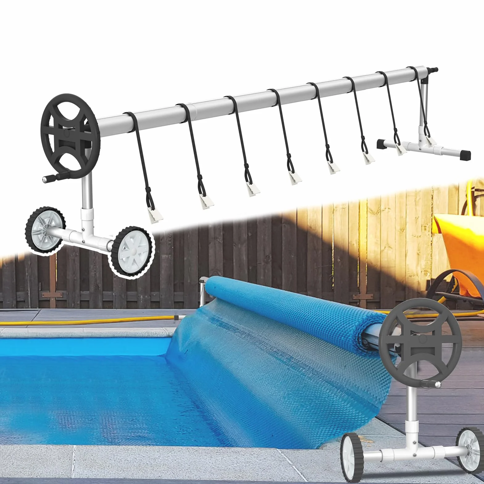 Enrollador para piscina NAIZY Sistema de enrollado 3m-5,7m con cubierta de lámina Móvil, ruedas y clips CR16