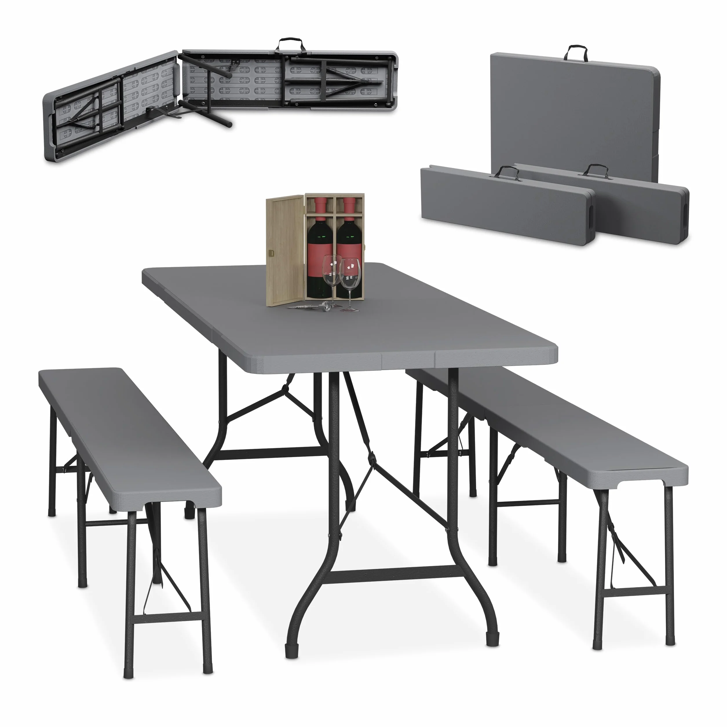 Relaxdays Conjunto Jardín Plegable 3 Piezas Mesa Exterior 180 cm Gris