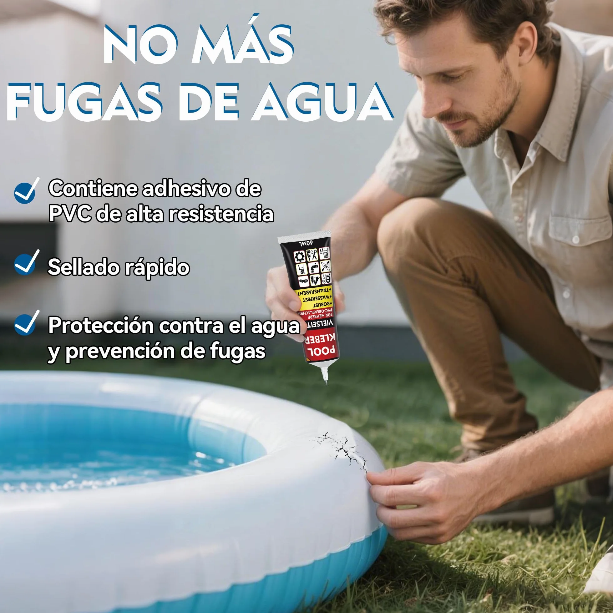 Pegamento para Piscinas Desmontables y Liners, Adhesivo PVC para Reparar Artículos Inflables