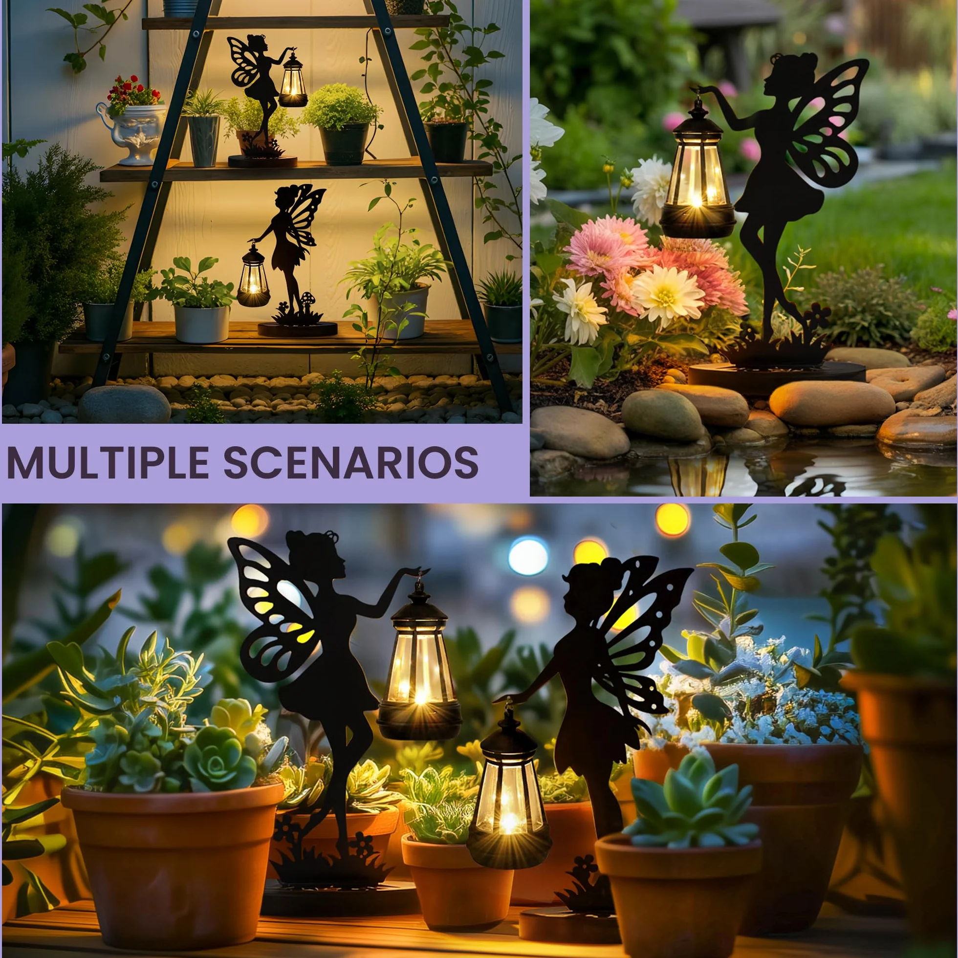 GIGALUMI Estatua de Hada de Hierro, Ornamento de Jardín con Luces Solares, Resistente al Agua, Paquete de 2
