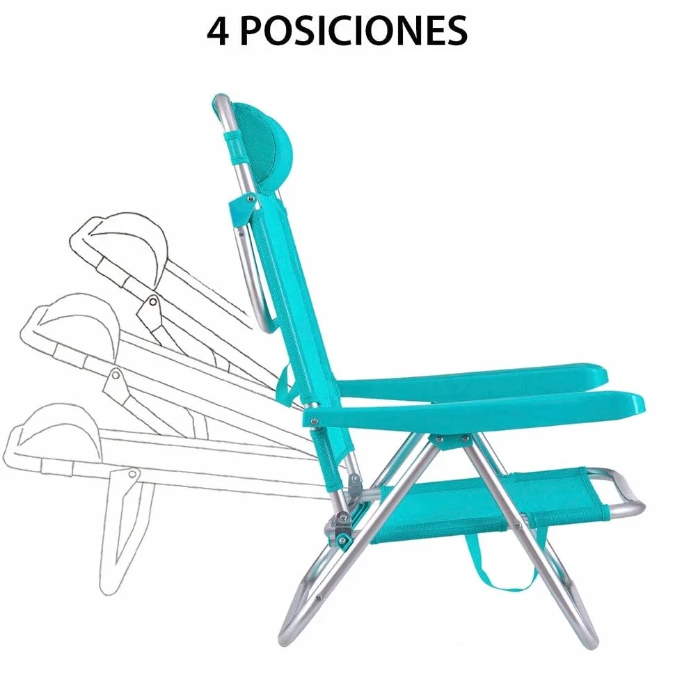 LOLAhome Silla Playa Plegable Ligera Portátil Reclinable 4 Posiciones Cojín Camping Piscina Terraza Jardín Aguamarina