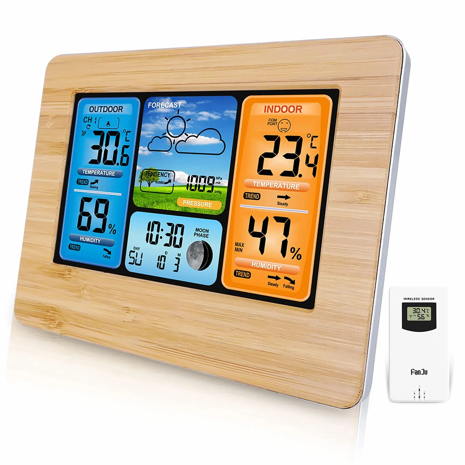 Estación meteorológica digital inalámbrica con sensor exterior, termómetro interior y exterior con tiempo, temperatura, humedad, barómetro, despertador (madera actualizaciones)