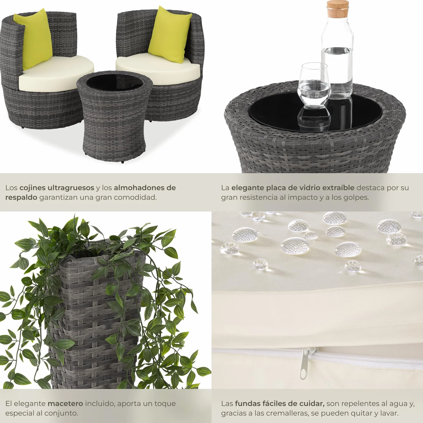 tectake® Conjunto Jardín Exterior de Ratán y Aluminio, Muebles Jardín Exterior Resistente a la Intemperie, 2 Sillas con Cojines, Mesa Cristal, Compacto, Asas en Respaldo Compacto - Gris