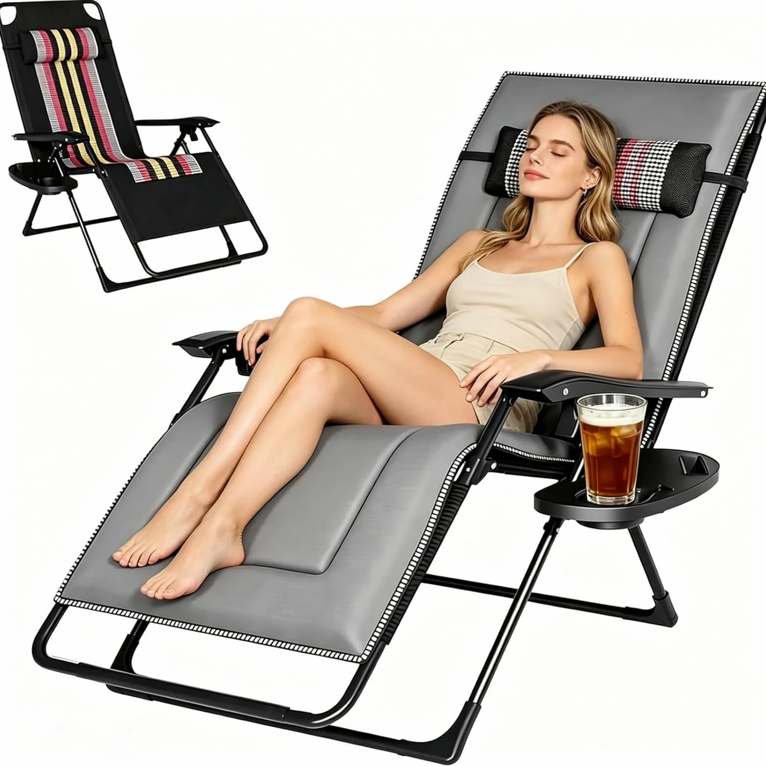 Tumbona plegable con cojín lumbar de una pieza, silla ergonómica para tumbona, respaldo ajustable, para exteriores, hasta 150 kg, silla de jardín para jardín, piscina, balcón y terraza (gris-1 unidad)