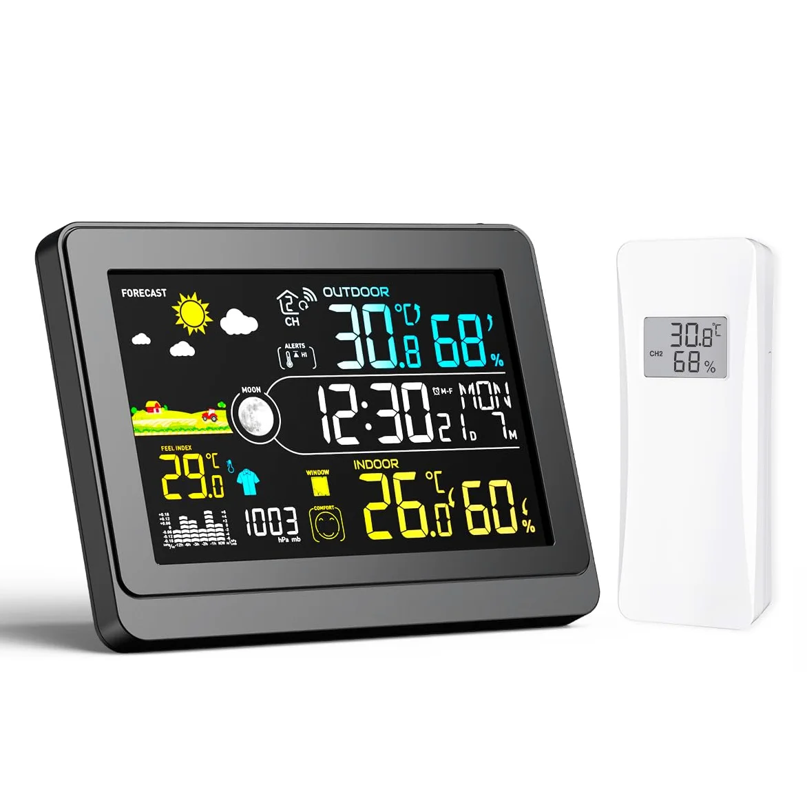 Uzoli Estación meteorológica inalámbrica con sensor exterior, reloj DCF | Temperatura Humedad interior/exterior, Pantalla color, Previsión del tiempo, Barómetro, Alerta de heladas, Fase lunar, Alarma