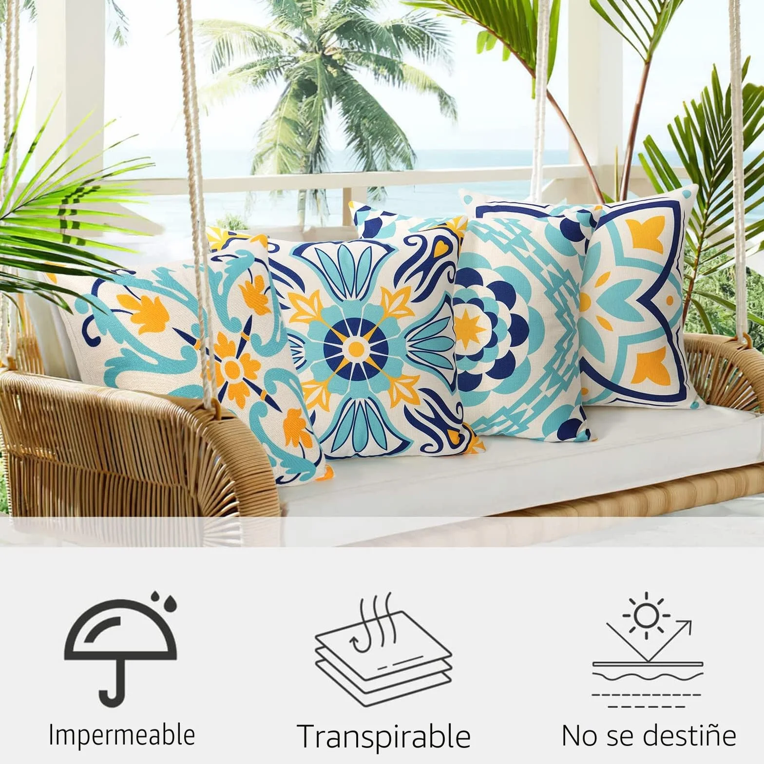 Dremisland 4 Piezas Funda de Cojín Exterior Impermeable Lino Estampado Floral 45x45cm