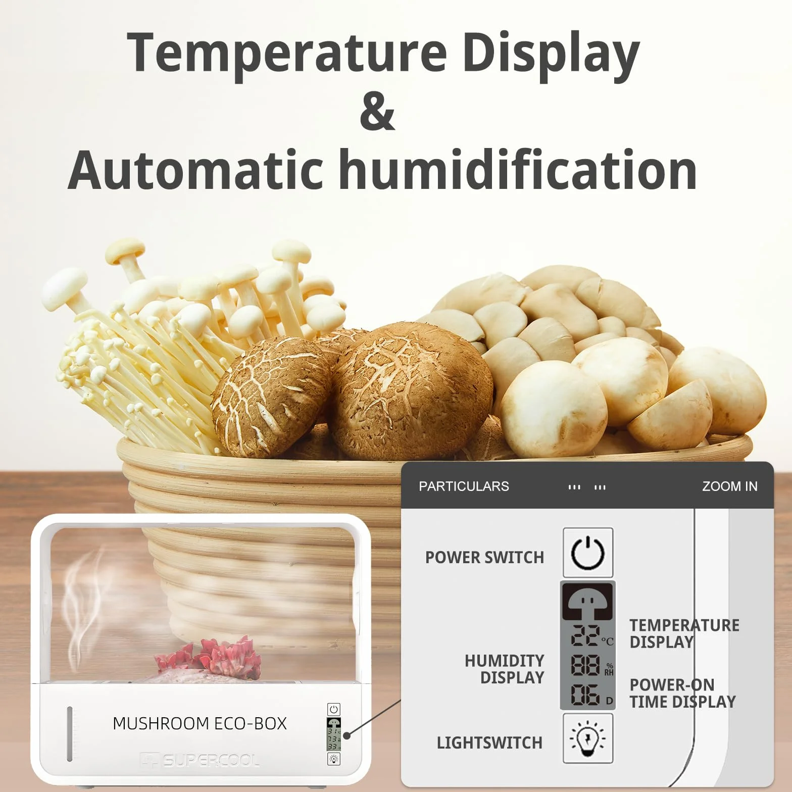 Caja de cultivo de hongos con pantalla de temperatura y humedad, kit inteligente monotub con luz de crecimiento