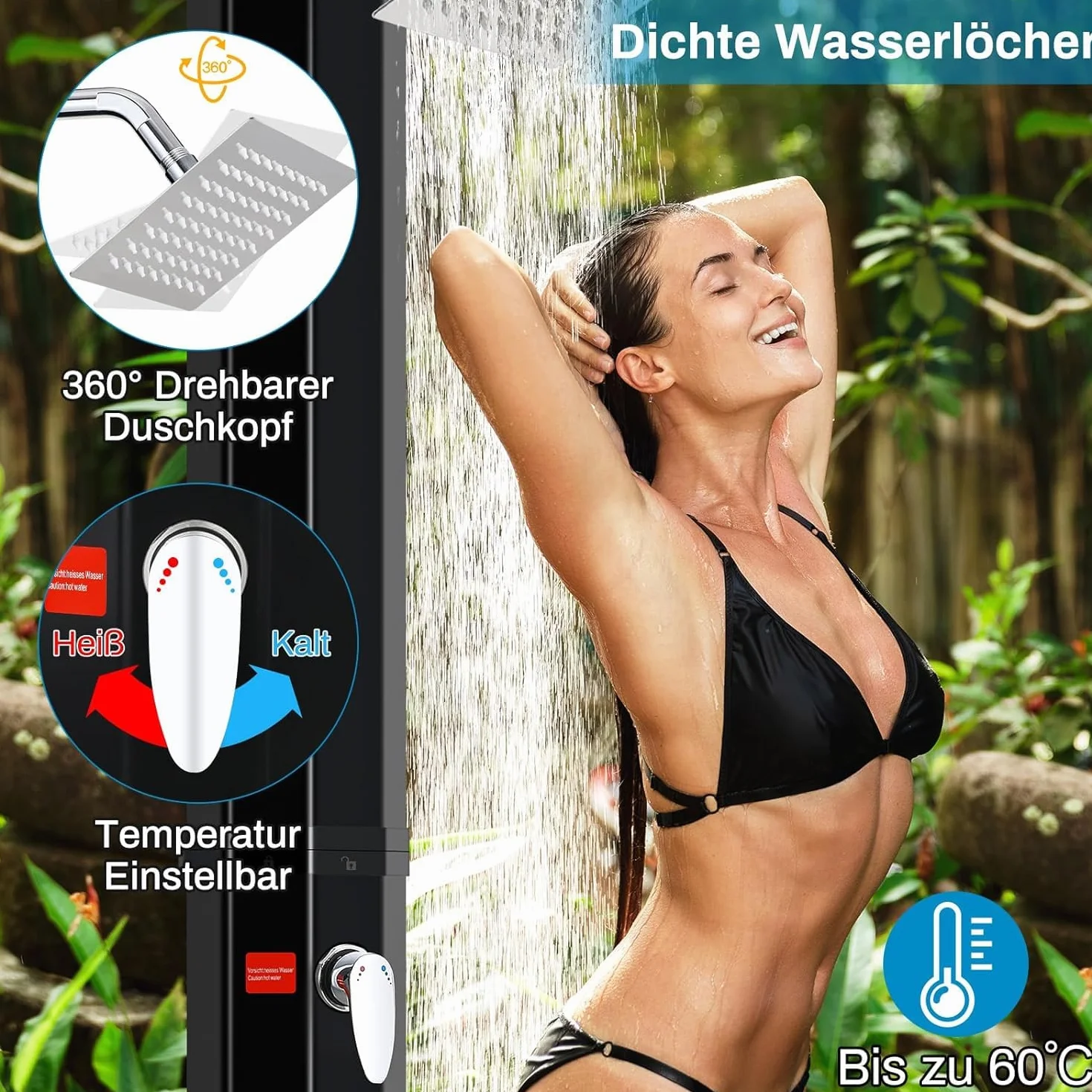 Ducha Solar 40 litros 225cm Jardín Cabezal Giratorio Agua Caliente 60°C sin Conexión Eléctrica