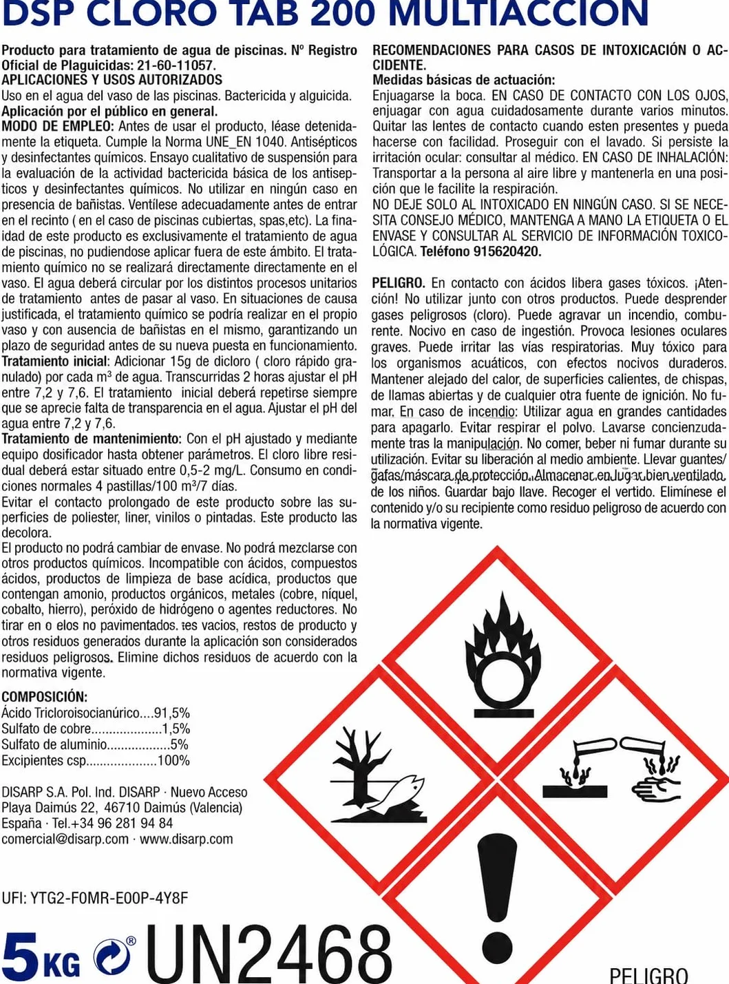 DSP Cloro Tab 200 Multiacción 5KG Pastillas 200gr | Tratamiento Completo para Piscina | Agua Cristalina y Desinfectada | Disolucion Lenta (Cloro 10 Acciones)