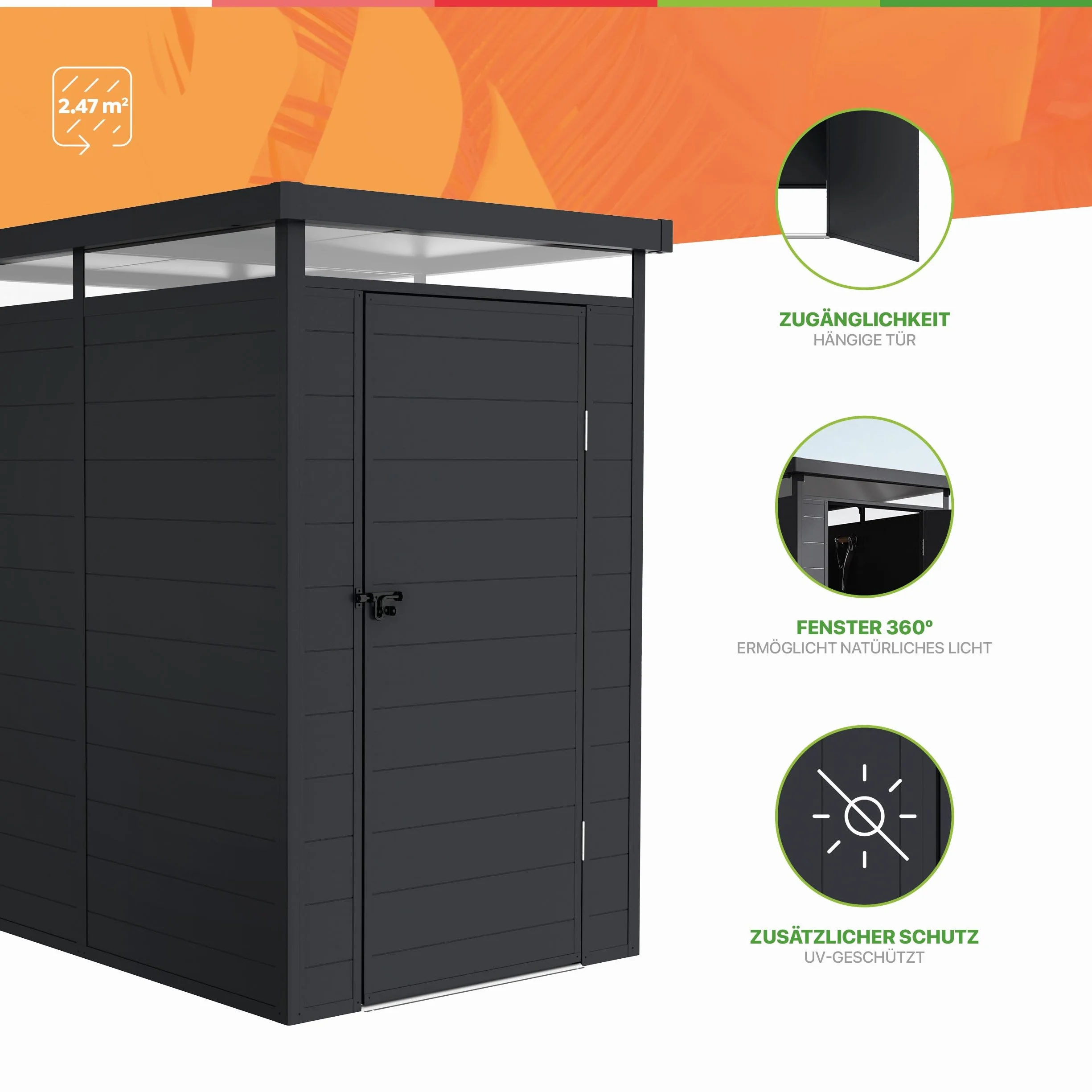 Caseta de Resina Jardín Terra 2,47m2 131x190x196cm Gris Antracita Impermeable Protección UV Estructura Reforzada Aluminio PVC Tragaluz 360º