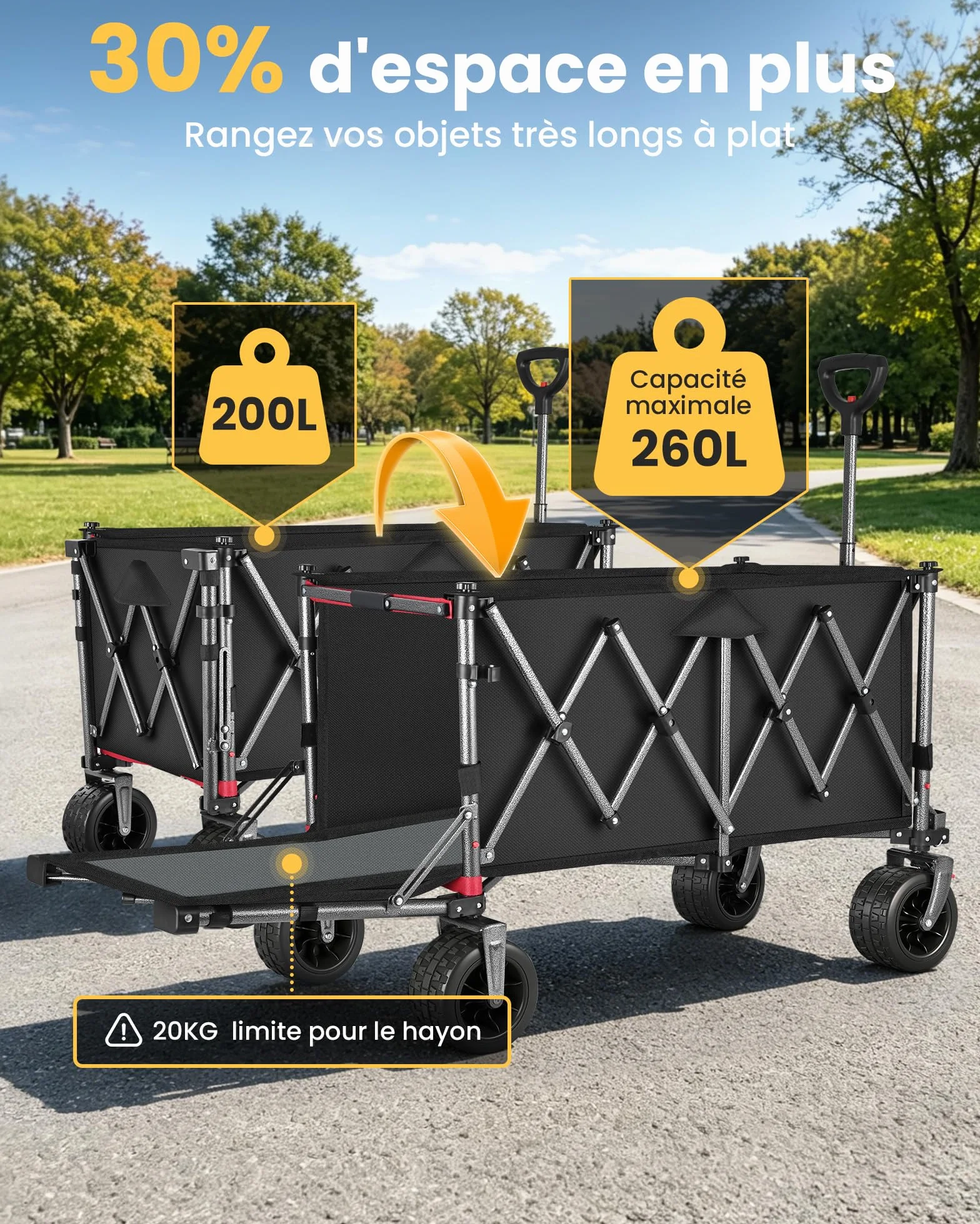 YEAUPE PRO XXXL Carro Playa Ruedas Grandes 200-300L Frenos Dobles Negro Carbón