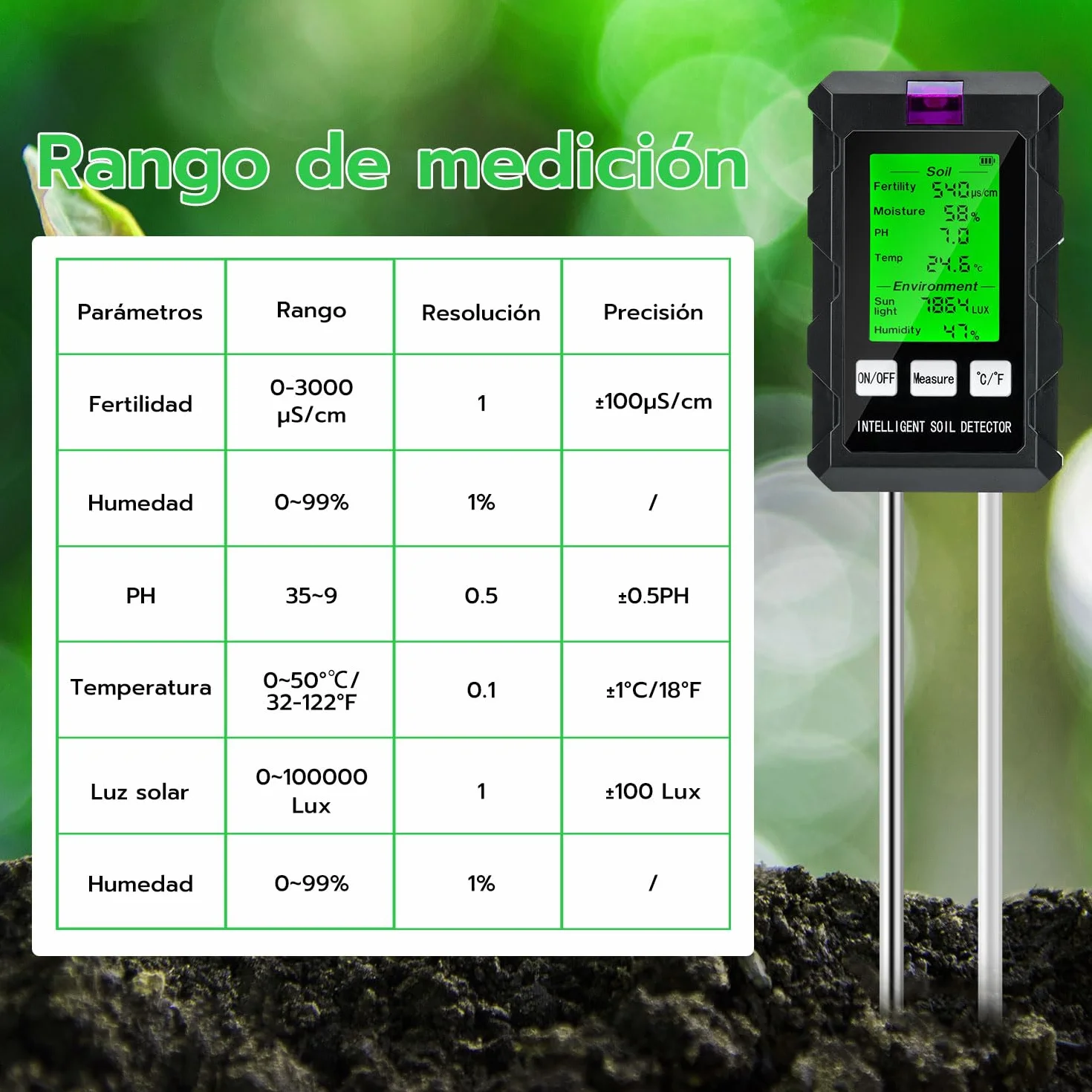 Wigearss Medidor de Suelo 6 en 1, Medidor de Fertilidad del Suelo/Luz Solar/Humedad Ambiental/pH/Temperatura con Pantalla LCD
