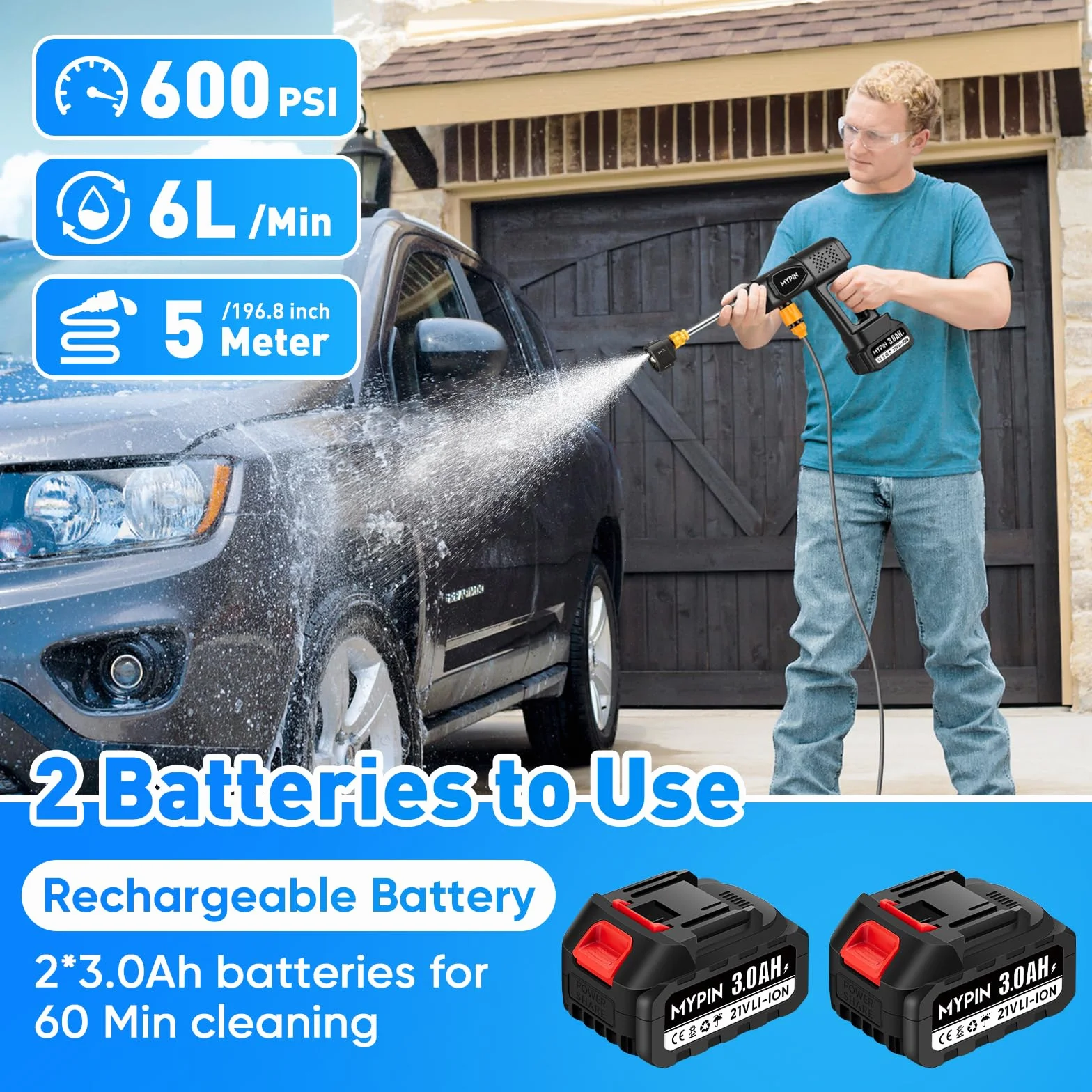 Hidrolimpiadora a Batería 600 PSI 21V con 2 Baterías Recargables y Boquilla 6-en-1