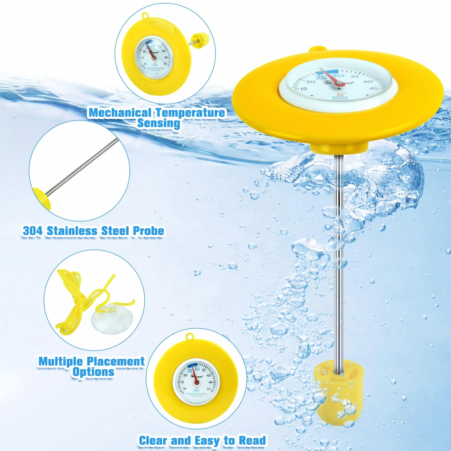 Termómetro Piscina Flotante IPX6, Termómetro de Agua Resistente para Piscina, Spas, Jacuzzi