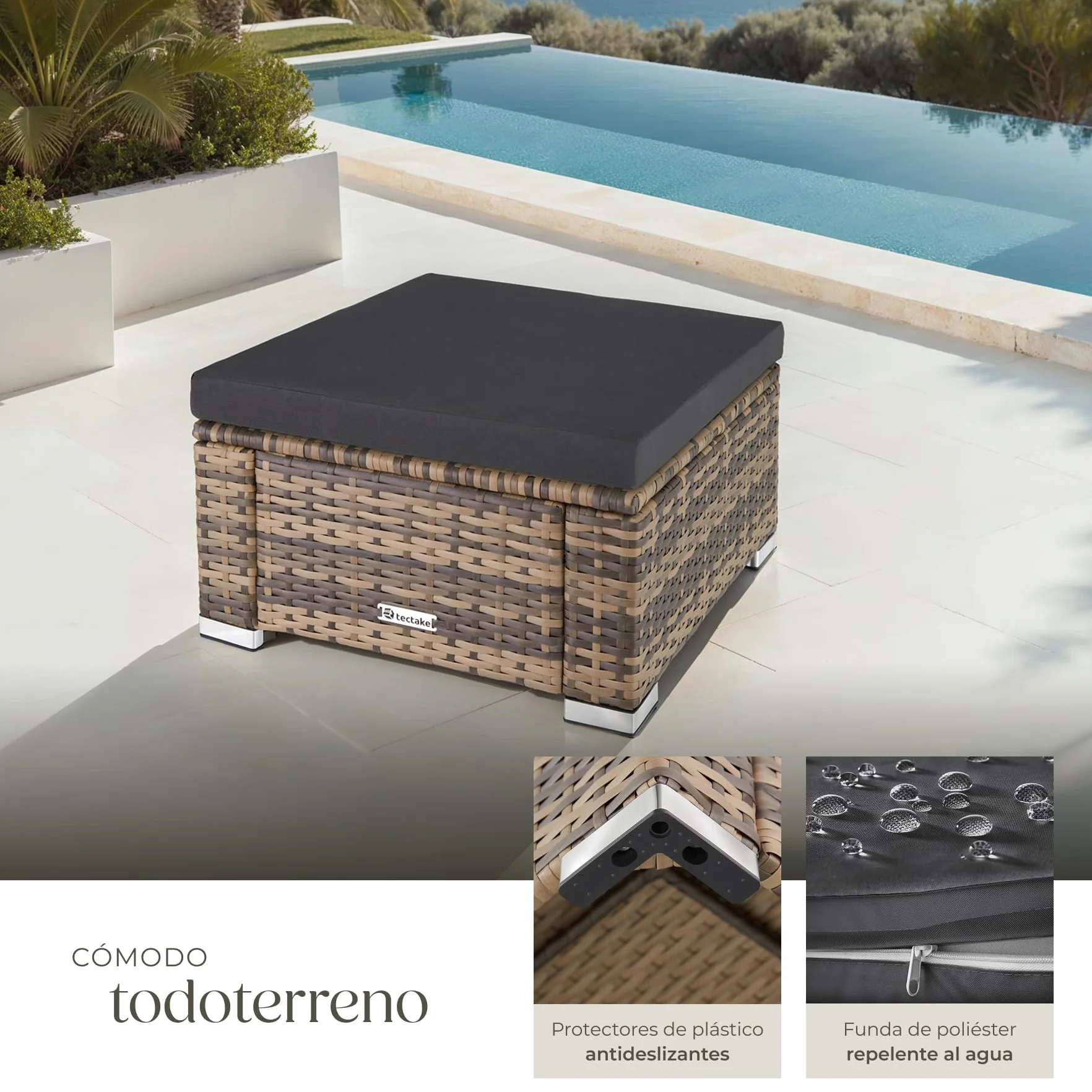 TecTake® Taburete de Ratán y Acero, Muebles Jardín Exterior Resistentes a Intemperie, Puf con Cojines Extraíbles