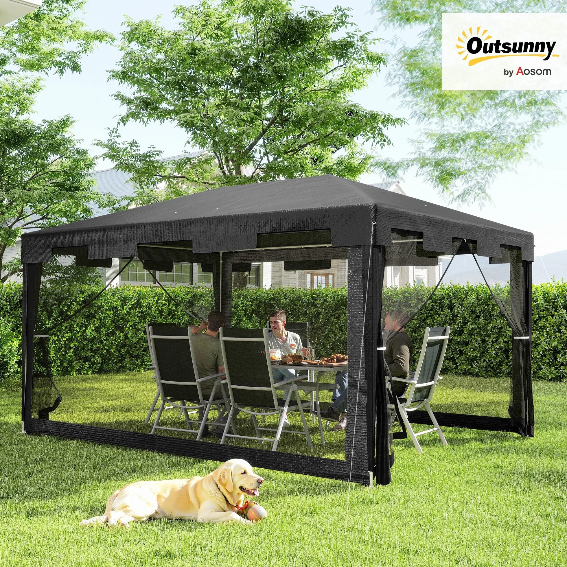 Outsunny Carpa de Jardín 4x3 m Cenador Desmontable Exterior con 4 Mosquiteras Laterales 2 Puertas con Cremallera y 6 Orificios de Drenaje Impermeable Anti-UV para Terraza Patio Playa Gris Oscuro