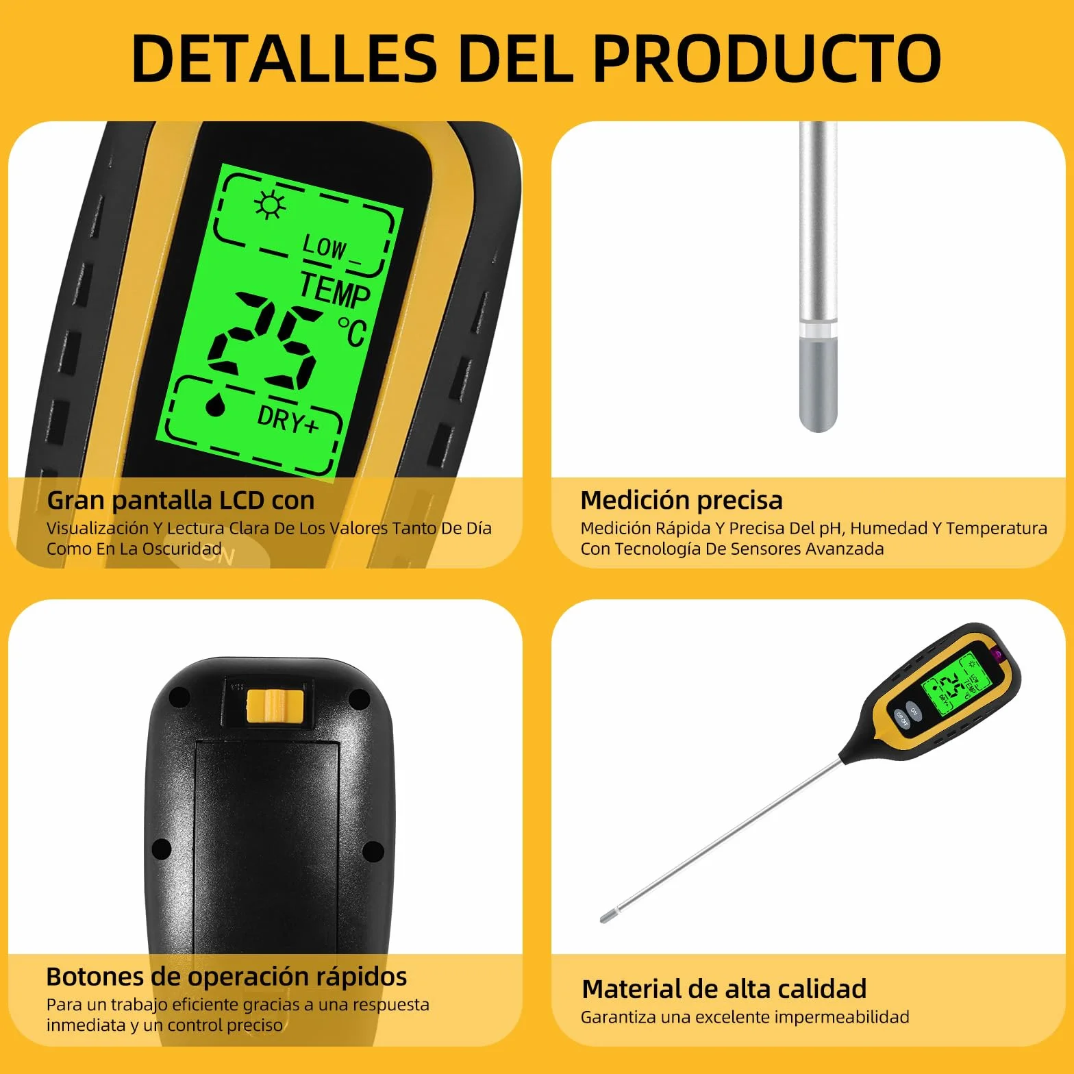 4 en 1 Medidor Humedad Plantas Medidor pH Tierra Suelo para Huertos Jardines