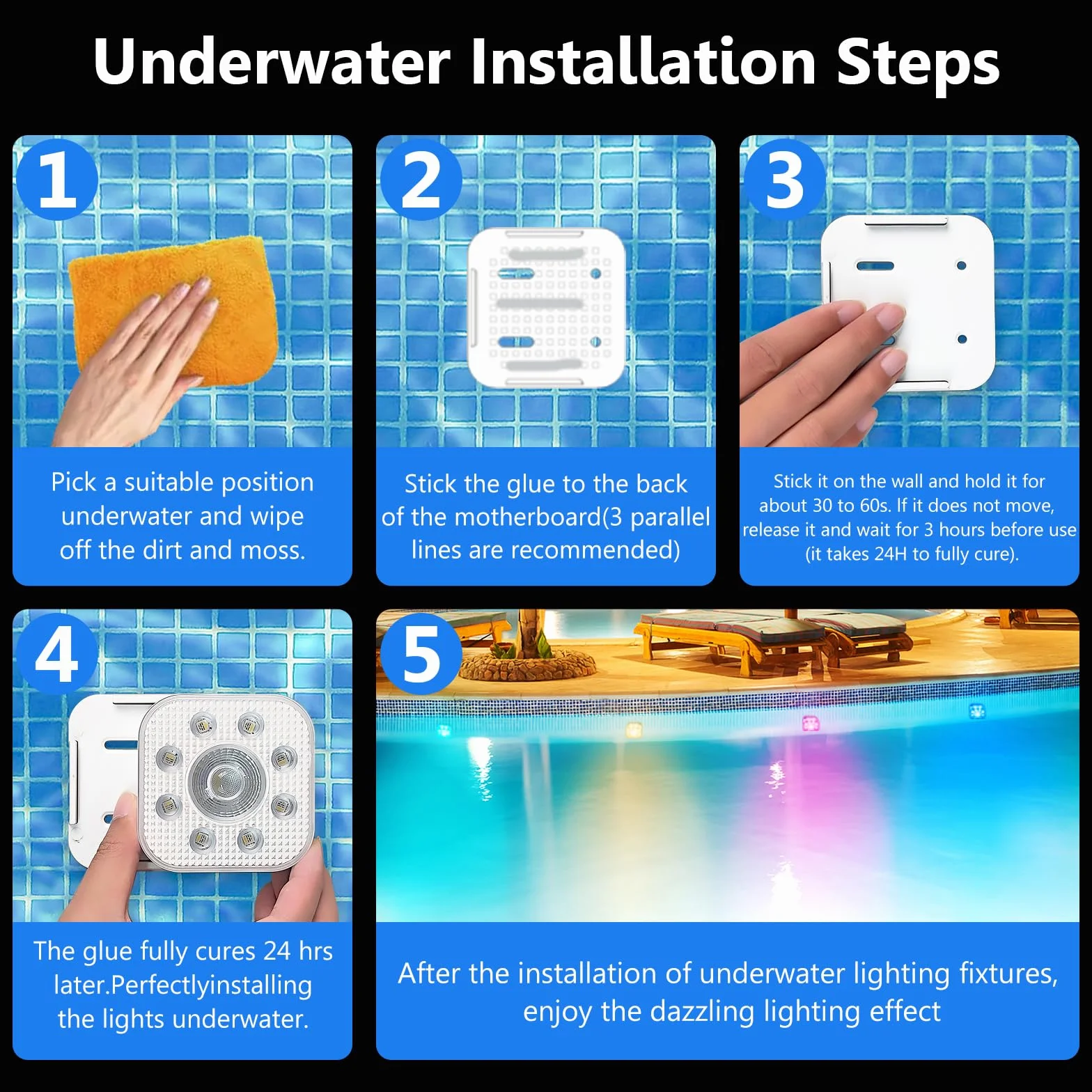 Pack de 4 Luces Piscina Sumergibles LED Recargable IP68 16 Modos Color Control Remoto Imanes