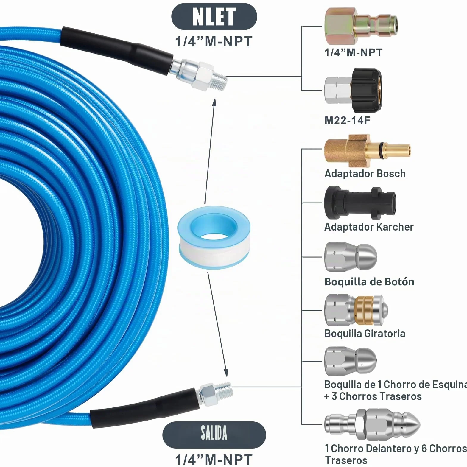 Kit de Limpieza de Tuberías de 30 m para Karcher K2-K7 y Bosch | Manguera Azul de Alta Presión de 5800 PSI con Chorro de Agua para Desatascar y Limpiar Desagües