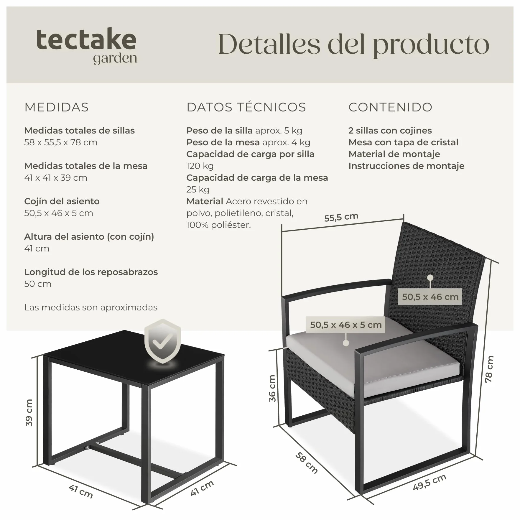 TecTake® Conjunto Jardín Exterior para 2 Personas, Muebles de Jardin 2 Sillas Ratán con Cojines y Mesa Terraza con Tablero Vidrio de Seguridad, Fundas Extraíbles, Robusto y Resistente a la Intemperie