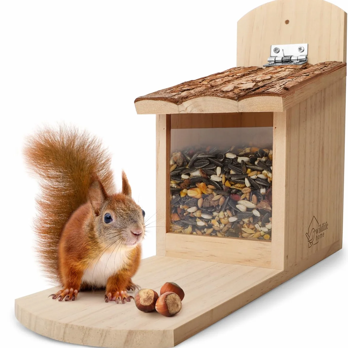 Comedero para ardillas de madera maciza WILDLIFE HOME con tejado de corteza resistente a la intemperie