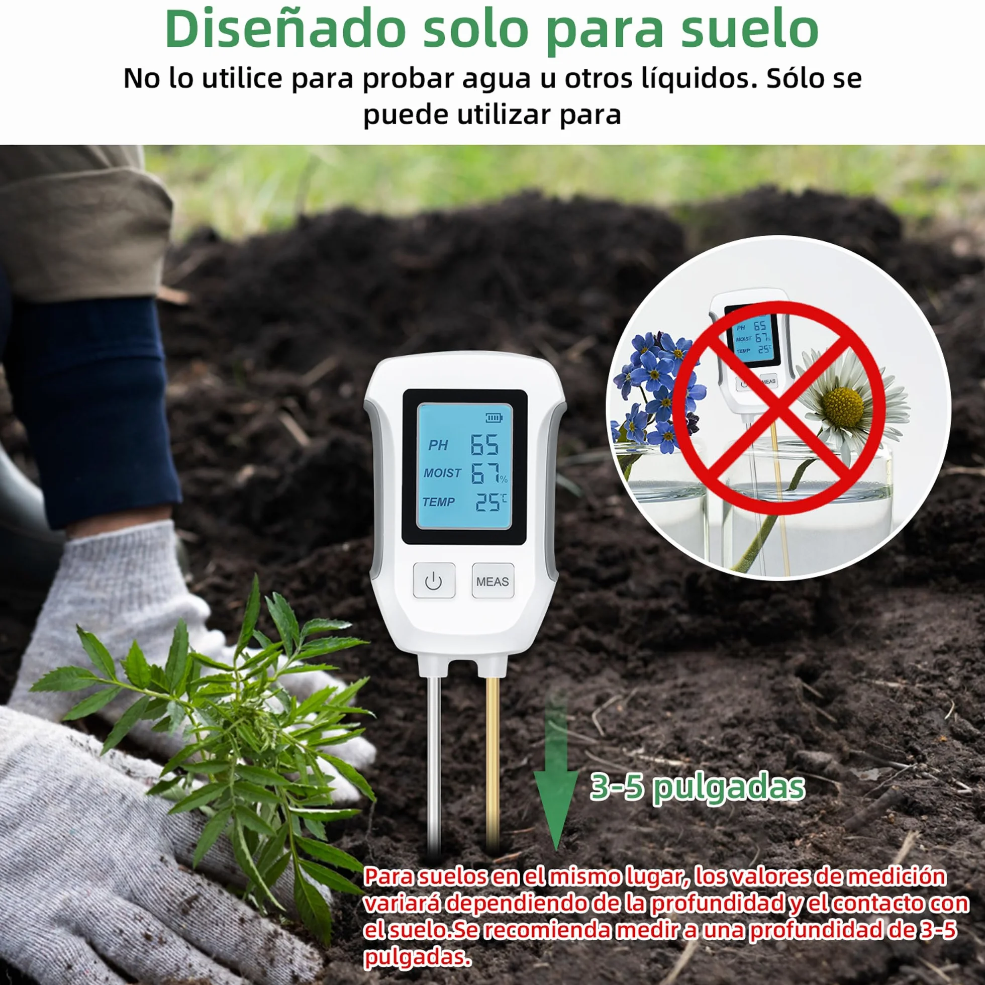 Mcbazel Medidor de Prueba de Suelo 3 en 1, Detección de pH, Temperatura, Humedad con Pantalla LCD Retroiluminada