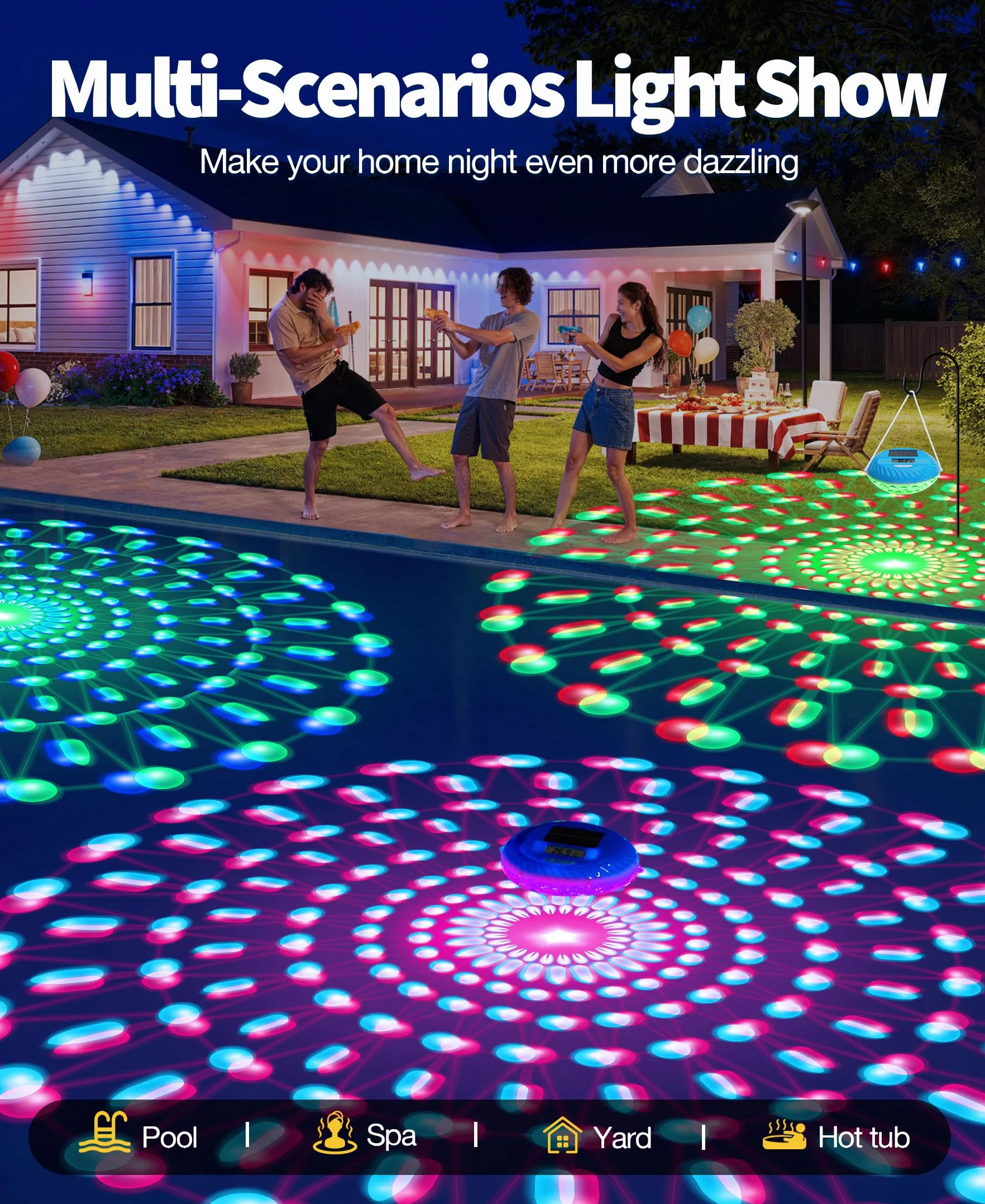 LuxBlue Termómetro Piscina Flotante con Luces LED Solar IP68 Impermeable Digital