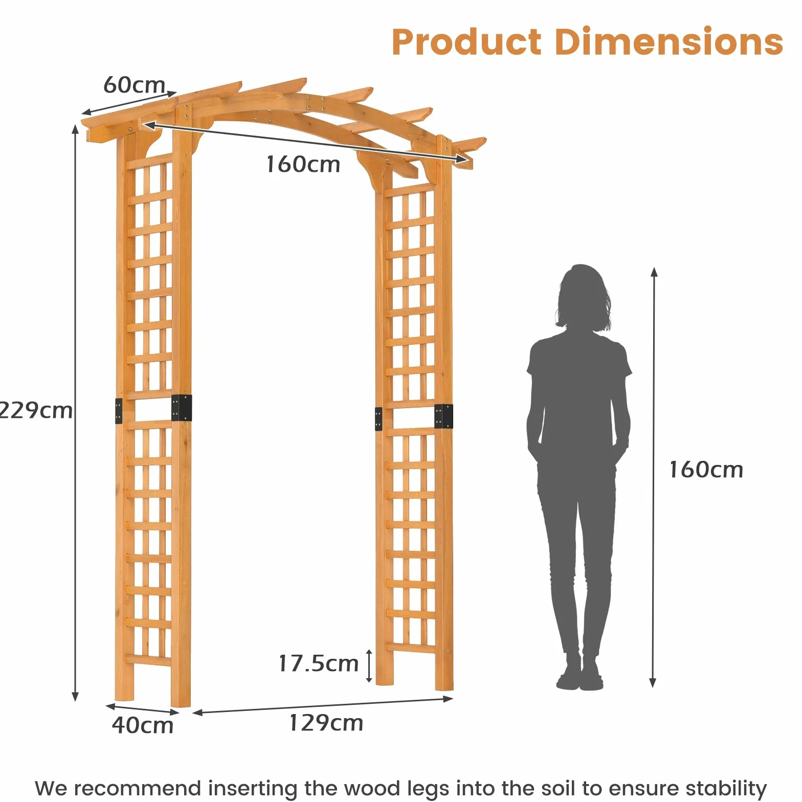 HOMASIS Arco de jardín de madera para rosas y plantas trepadoras, soporte naranja 160x60x229 cm