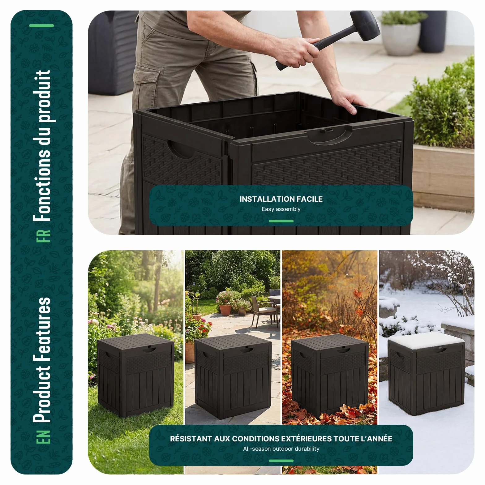 VOUNOT Arcón Exterior 126L PP Baúl Almacenaje con Tapa Bloqueable Impermeable 56x43x53 cm Marrón