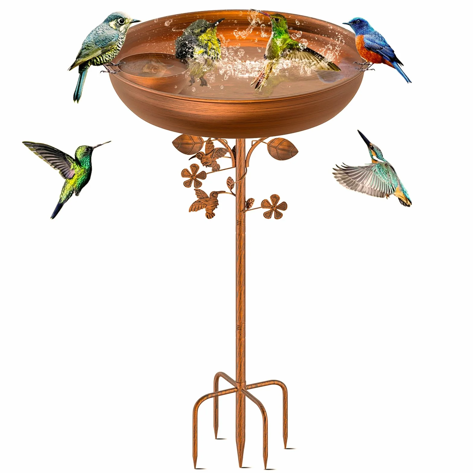 Baño de Metal para pájaros para Exteriores, comedero de pájaros de pie de 39.6 Pulgadas de Altura para Exteriores con estaca de Base de 5 Puntas, comederos de pájaros Independientes de