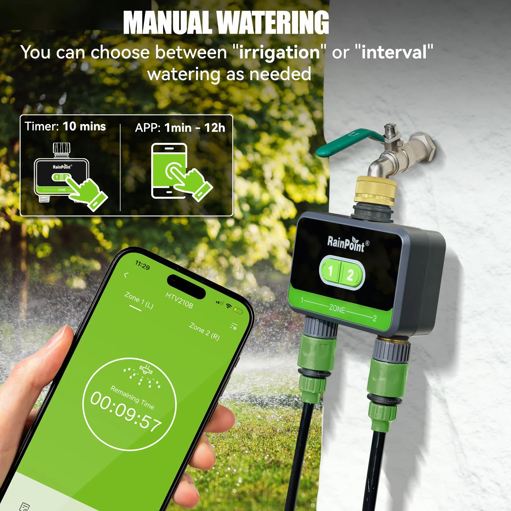 RAINPOINT Programador Riego WiFi 2 Salidas Latón App Control Voz Automático Jardín