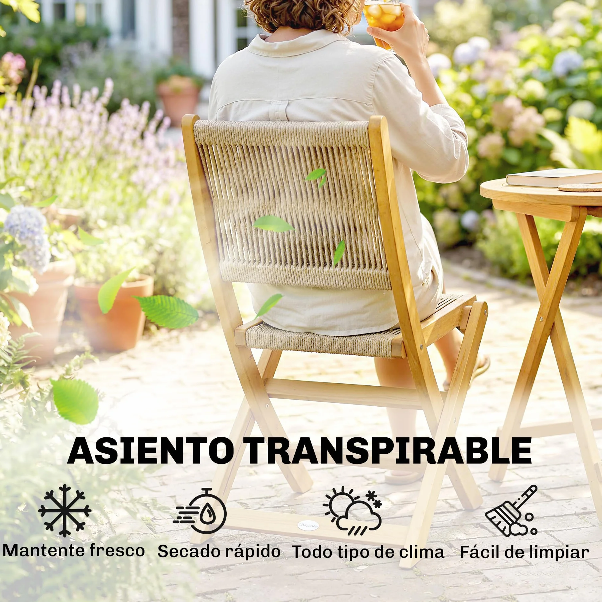 Outsunny Conjunto de Mesa y Sillas de Terraza Exterior de Madera 3 Piezas, 2 Sillas Plegables, Asiento Respaldo de Cuerda PP, Mesa Redonda para Patio