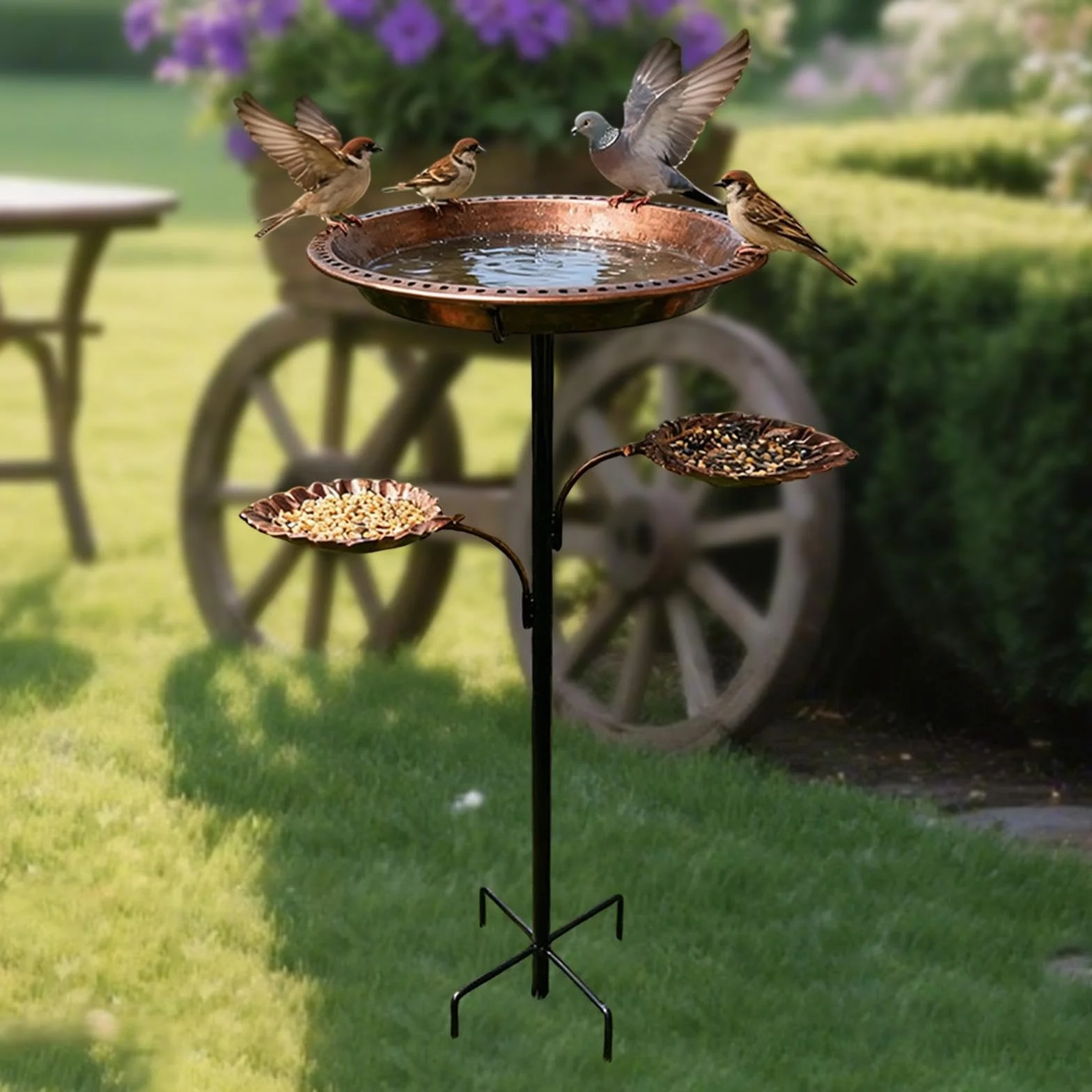 LOVIVER Bebedero para pájaros de Exterior, comedero metálico Resistente y Decorativo con estaca de 5 Puntas. Ideal para jardín, Patio o terraza.