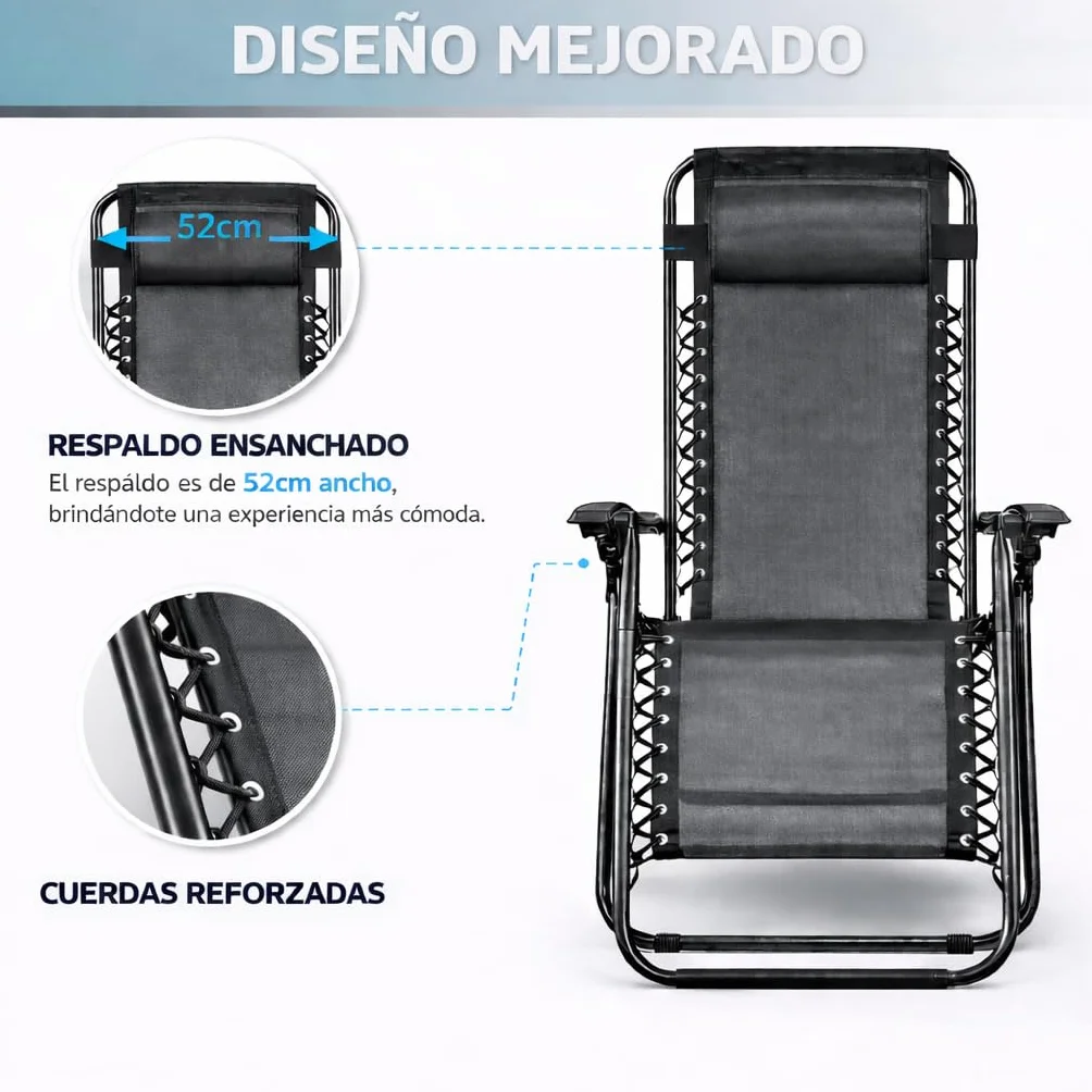 Tumbonas Plegables Exterior 150kg Portavasos Reposacabezas Pack 2